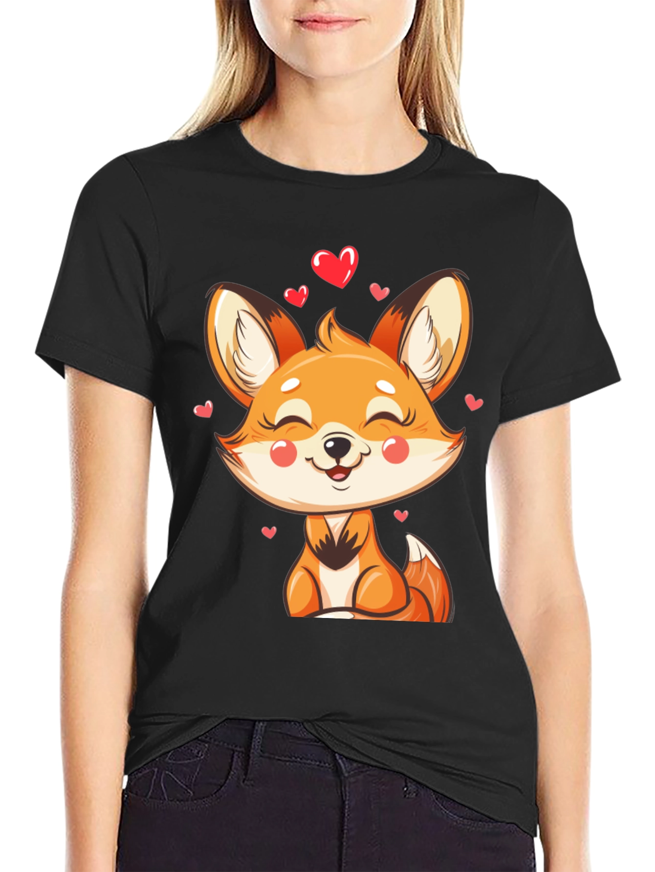 Black Cute Fox Heart Graphic Black T-Shirt view 2