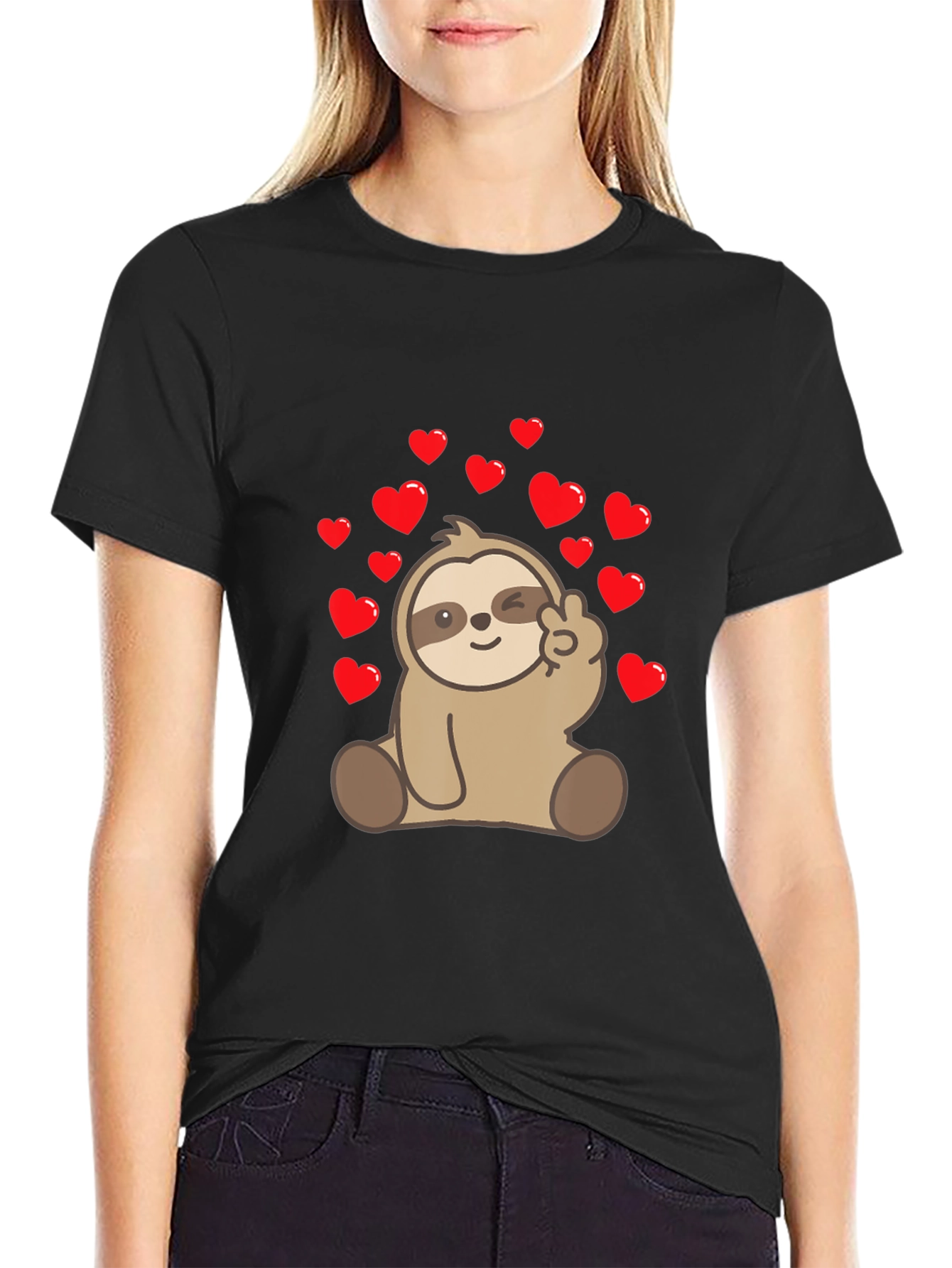 Black Sloth Peace Sign Heart T-Shirt view 2