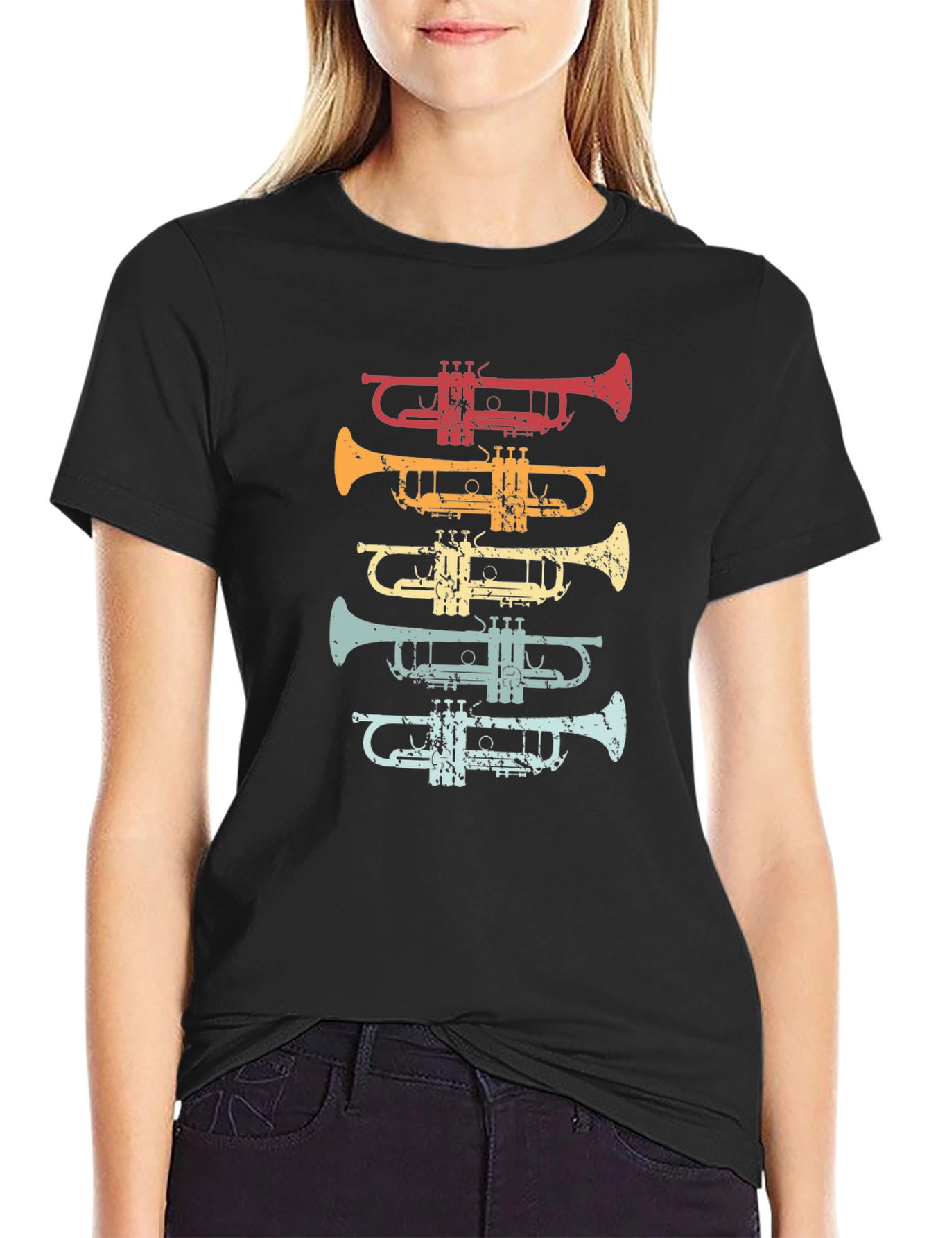 Black Retro Trumpet Graphic Tee - Musical Instrument T-Shirt view 2
