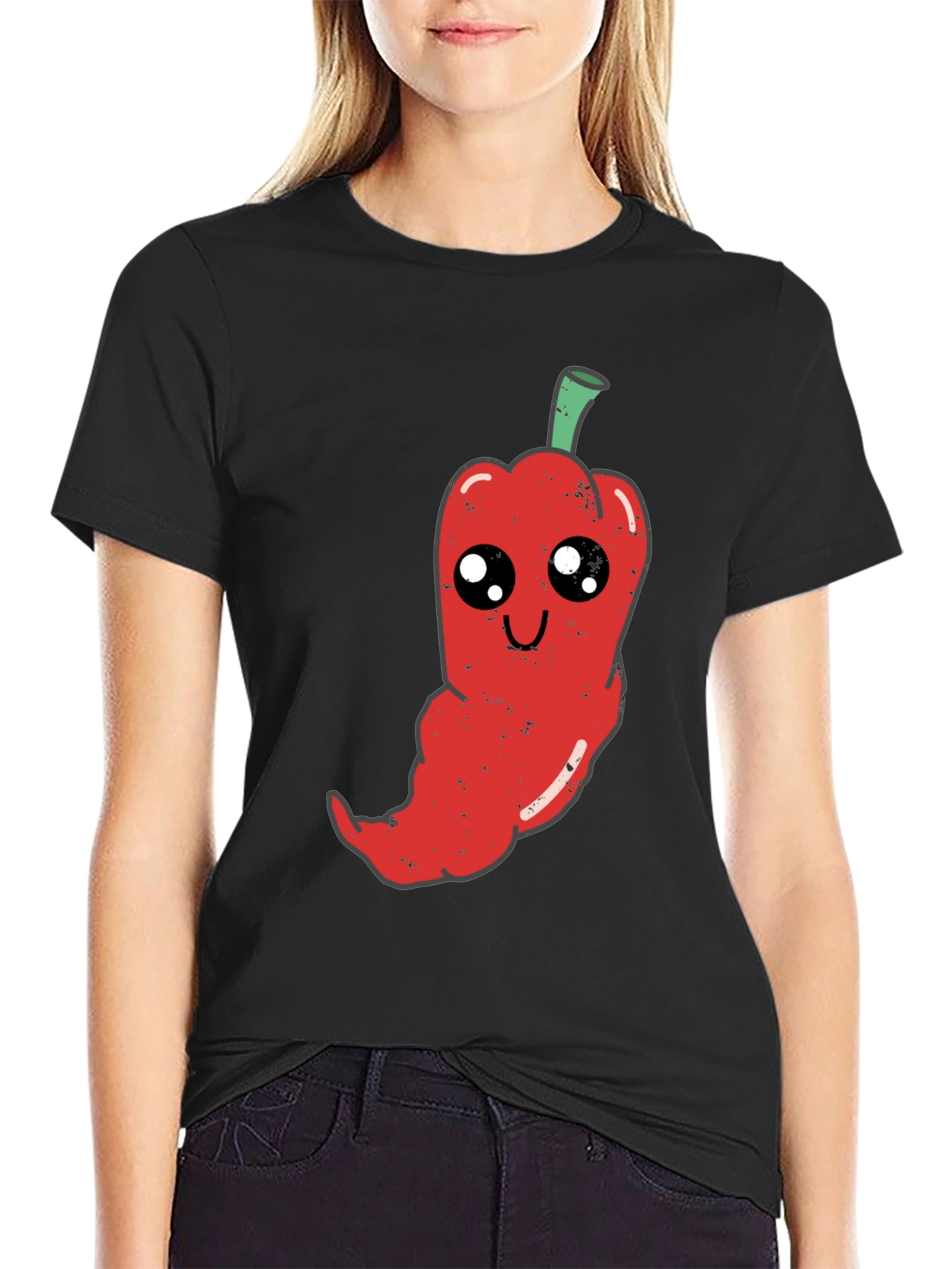 Black Kawaii Pepper Graphic Tee - Soft Black Cotton T-Shirt view 2