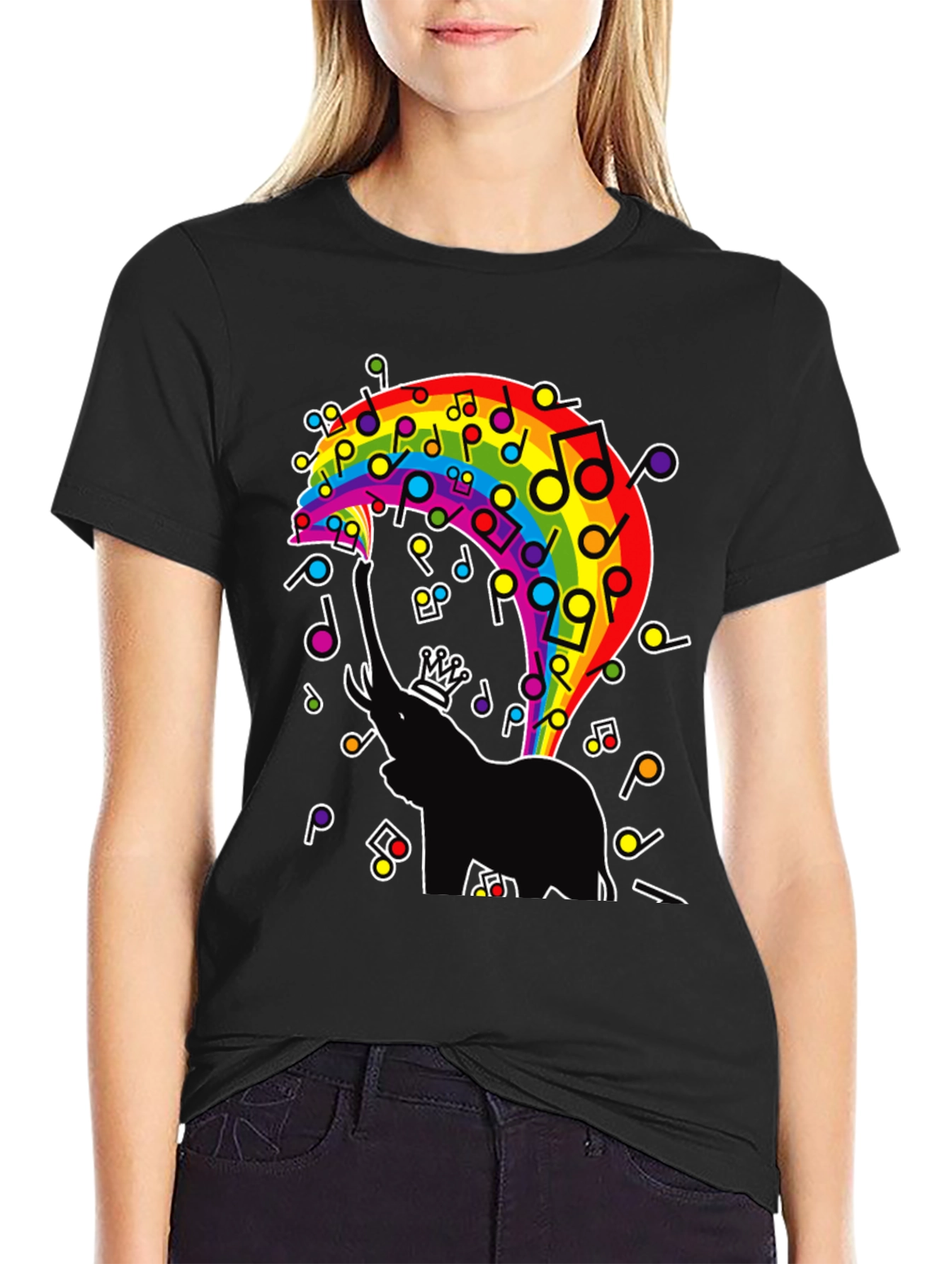 Black Rainbow Elephant Music Note Graphic Tee view 2