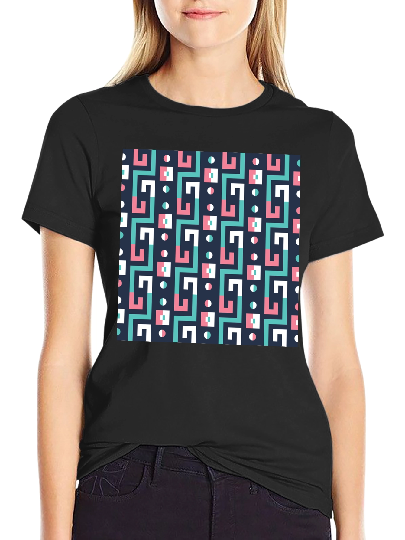Black Geometric Pattern Black Crew Neck Tee view 2