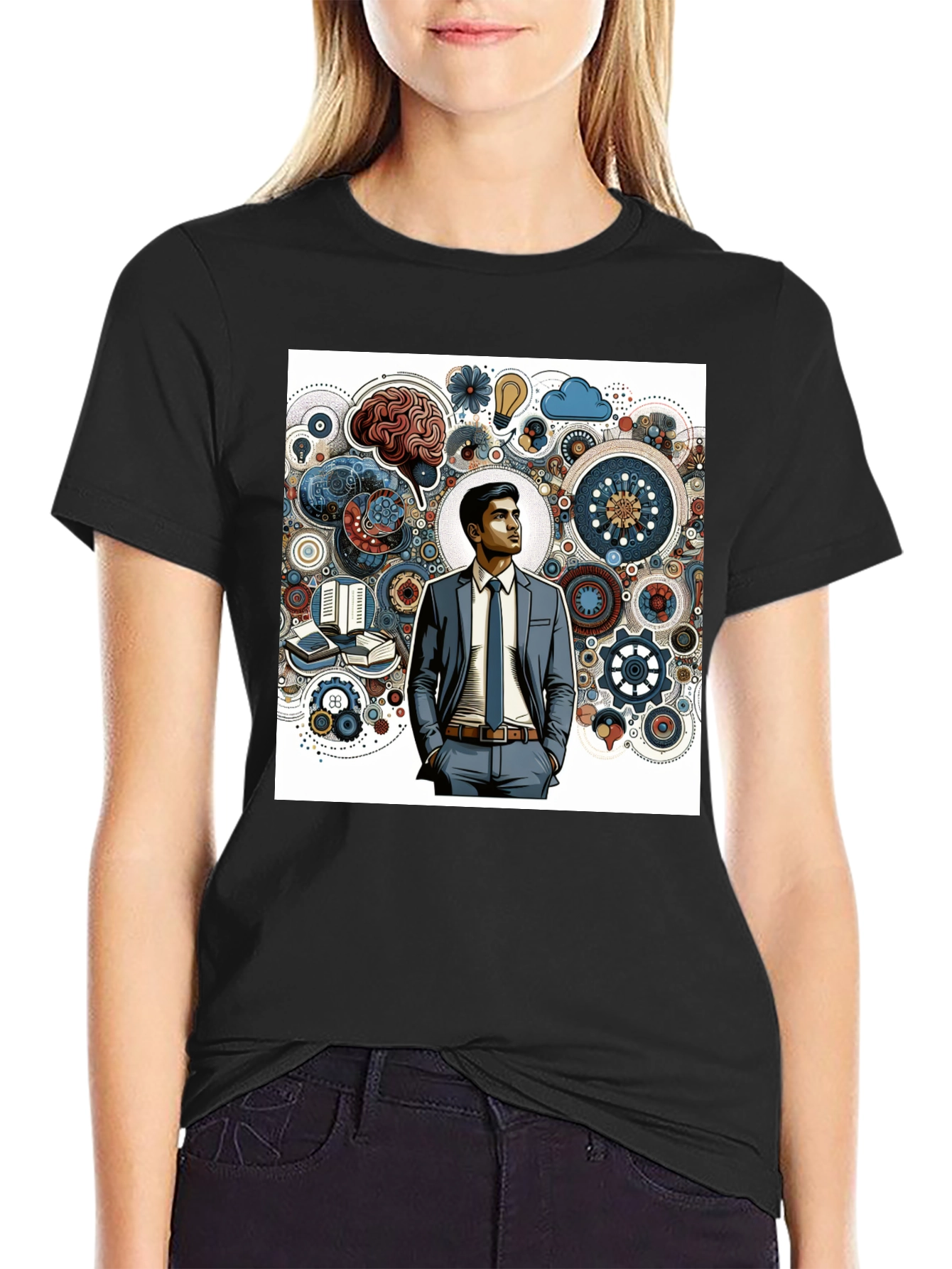 Black Creative Thinking Graphic Tee - Brain Gears Design view 2