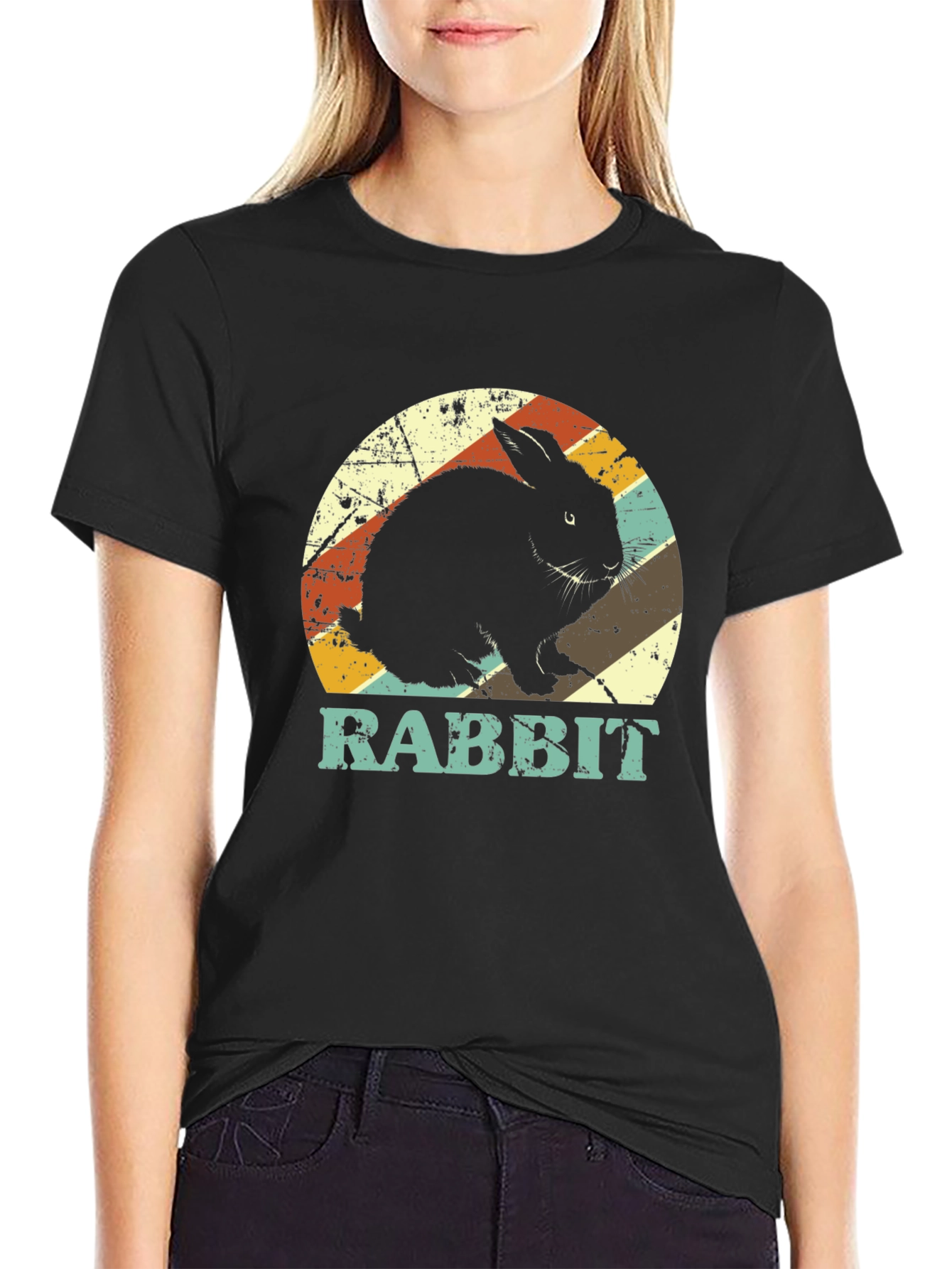 Black Retro Rabbit Graphic Tee - Vintage Style T-Shirt view 2
