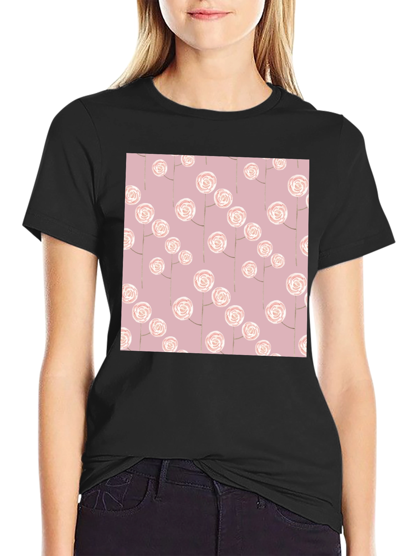 Black Floral Pattern Black T-Shirt view 2