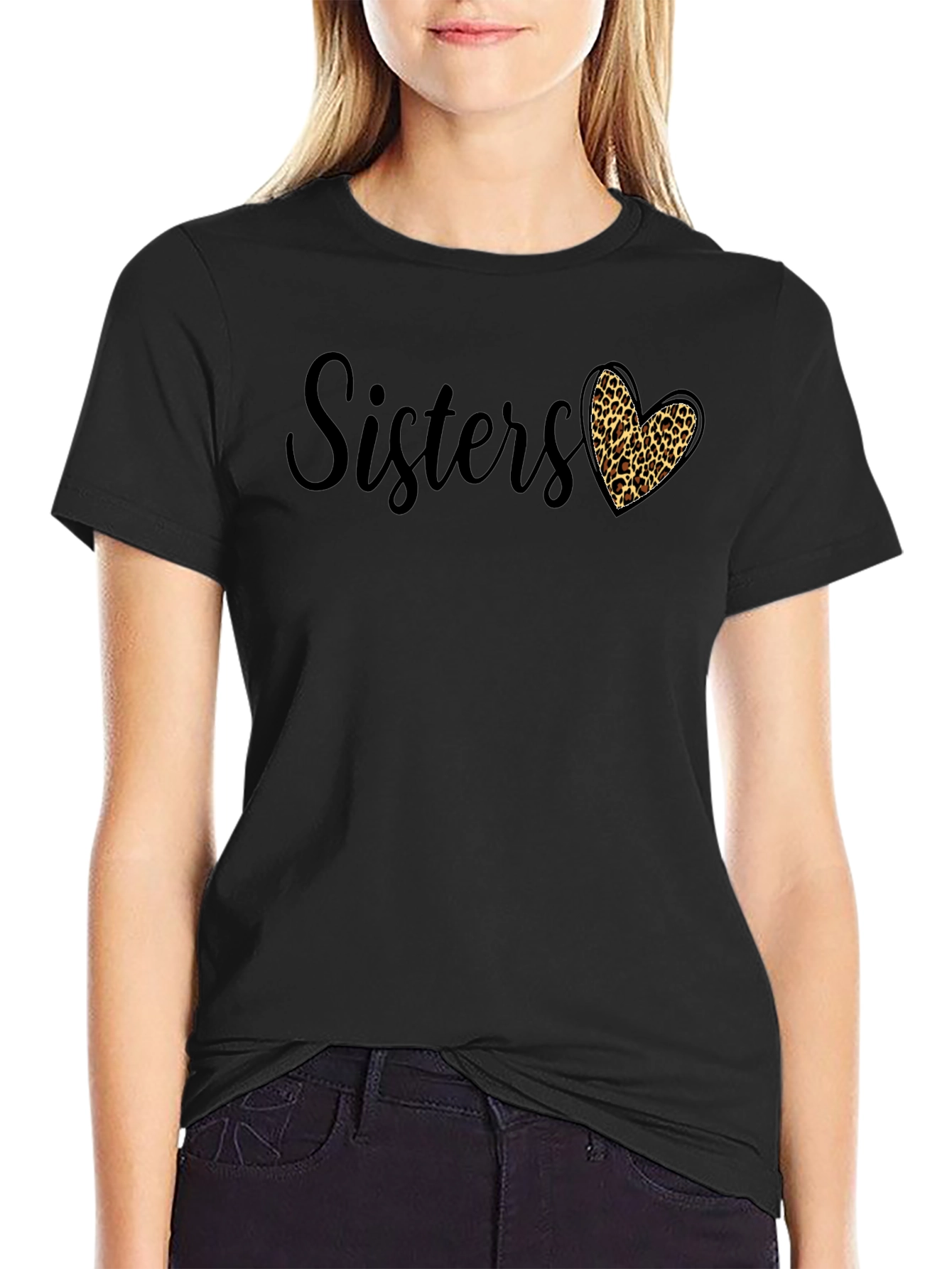 Black Sisters Leopard Print Heart Graphic Tee view 2