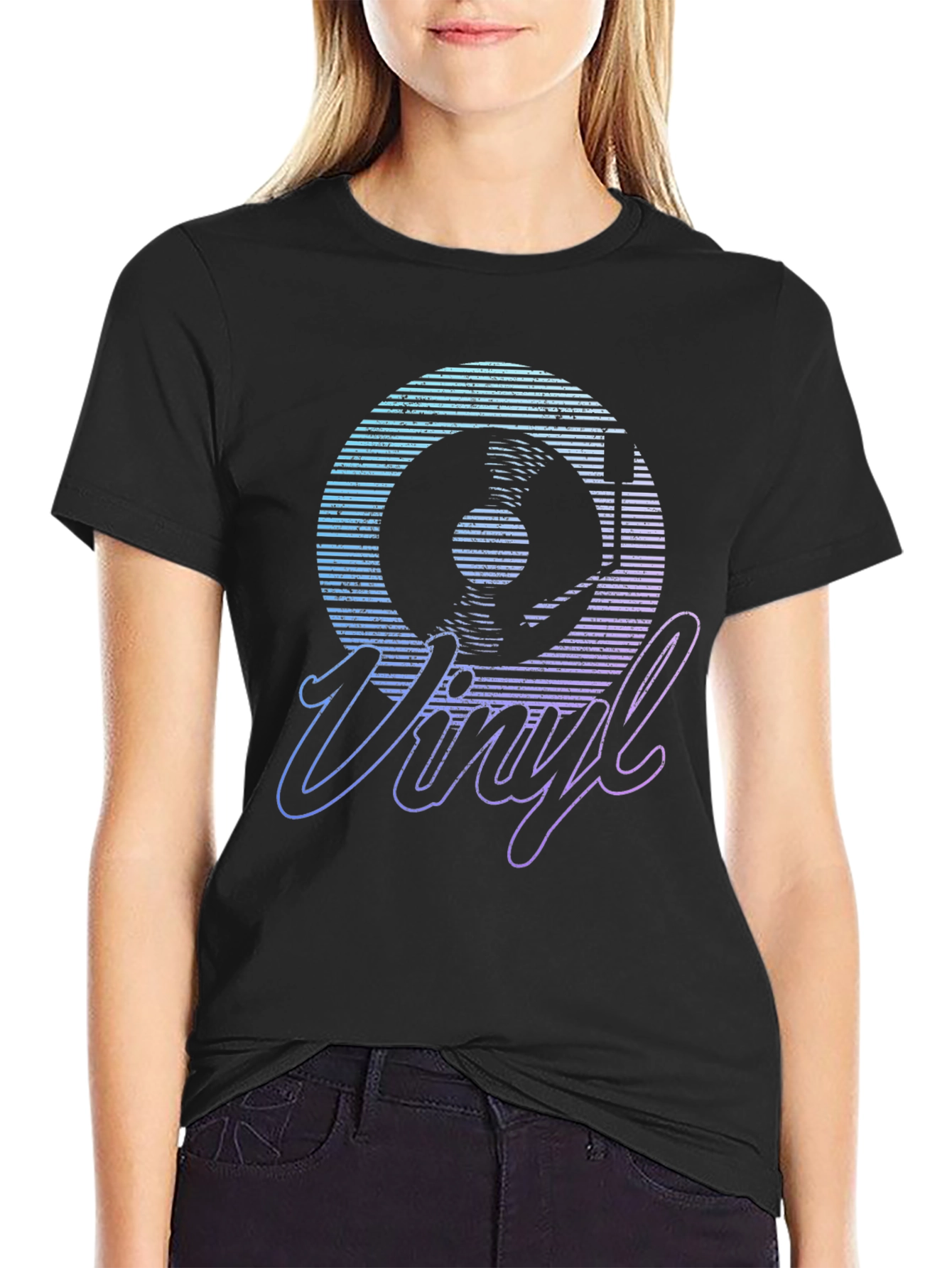 Black Retro Vinyl Record Graphic T-Shirt view 2