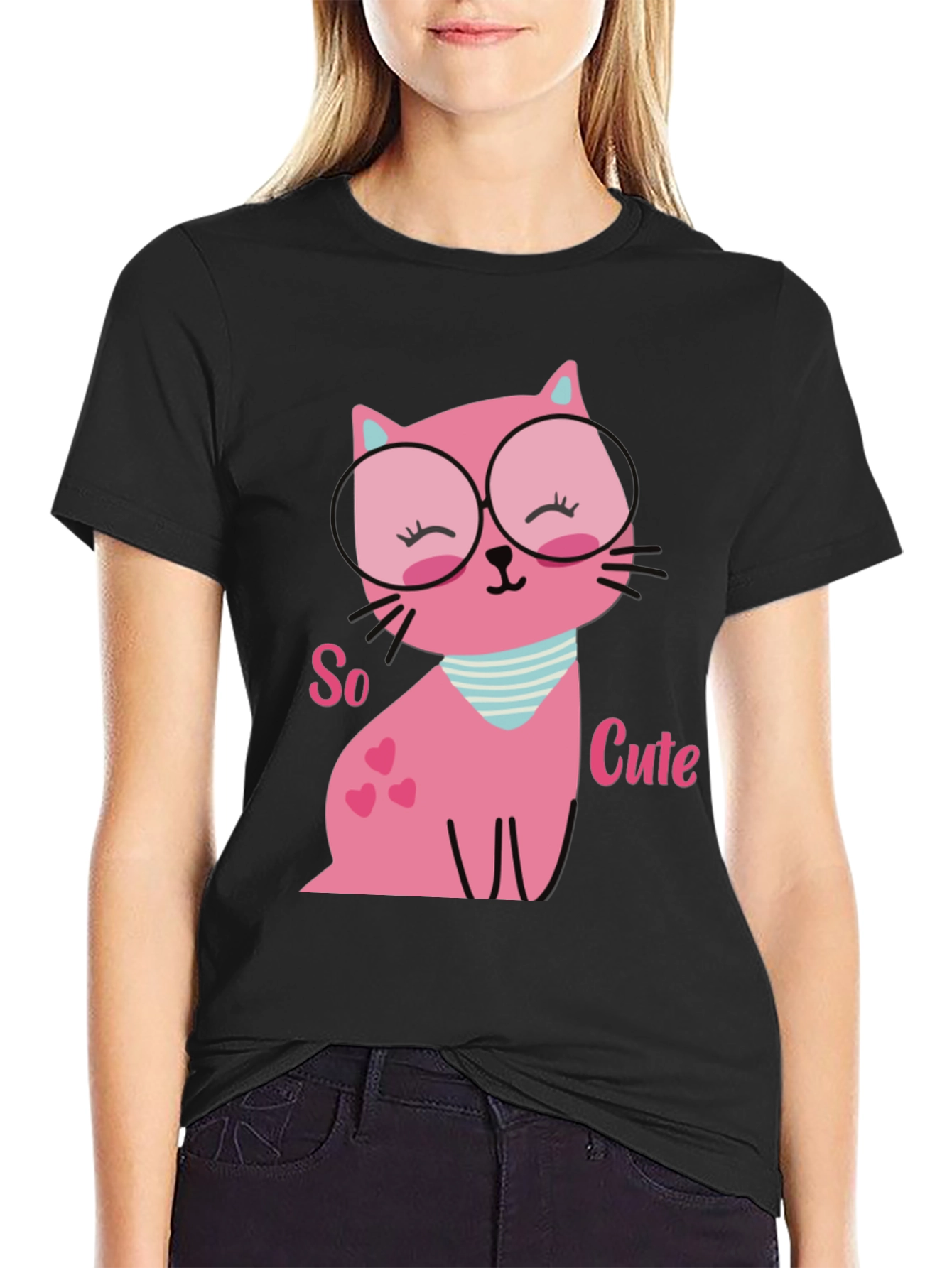 Black Cute Pink Cat T-Shirt view 2