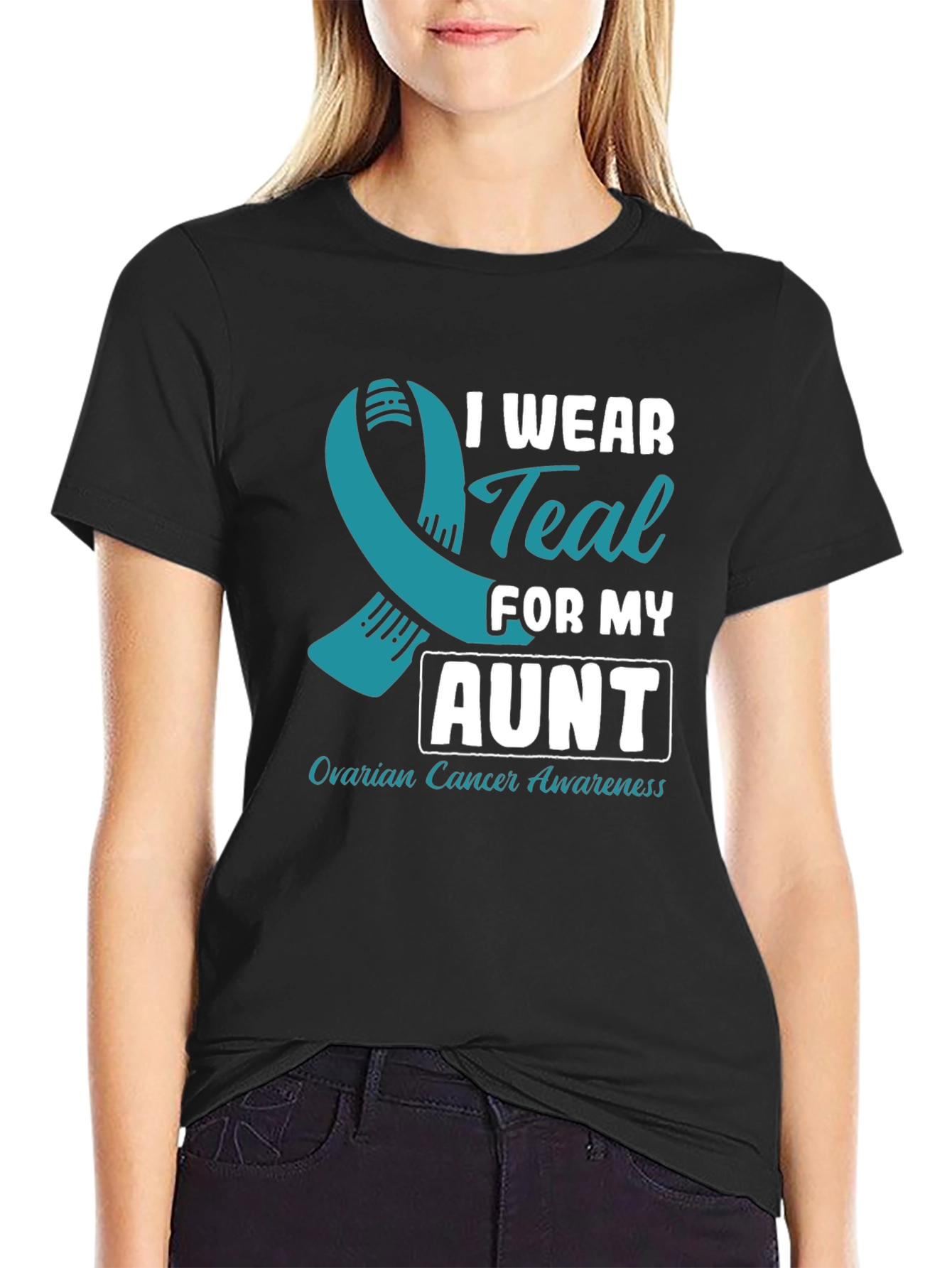 Black Ovarian Cancer Awareness T-Shirt - I Wear Teal For My Aunt view 2