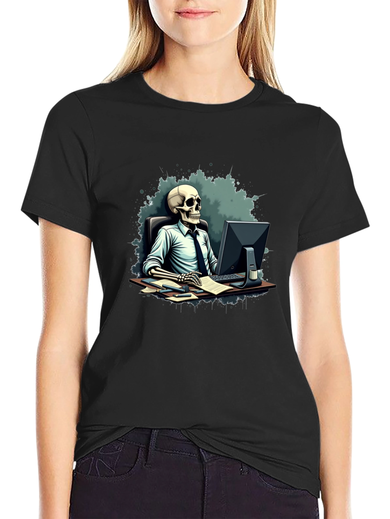 Black Skeleton Office Worker Black T-Shirt view 2