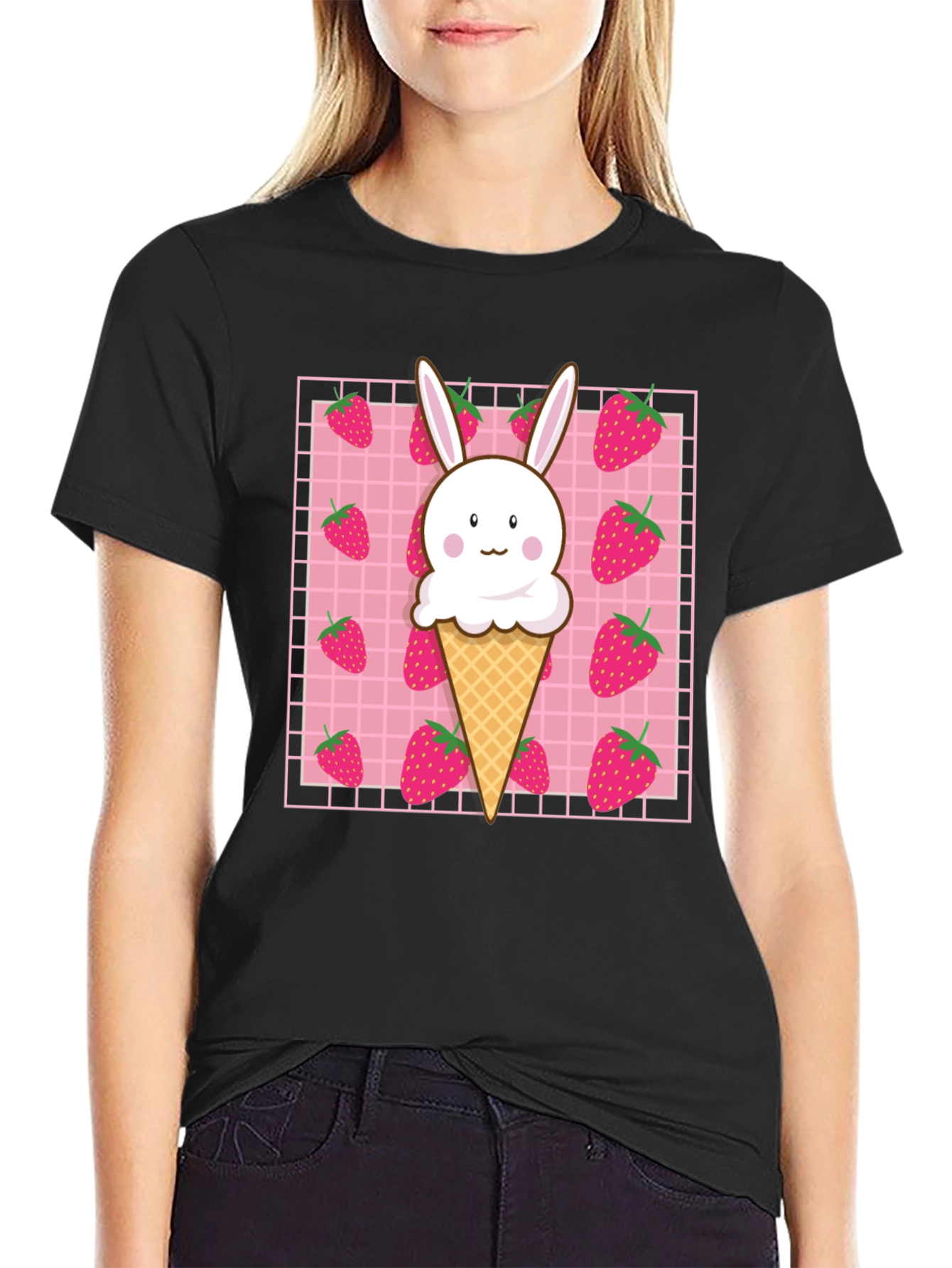 Black Kawaii Strawberry Bunny Ice Cream T-Shirt view 2