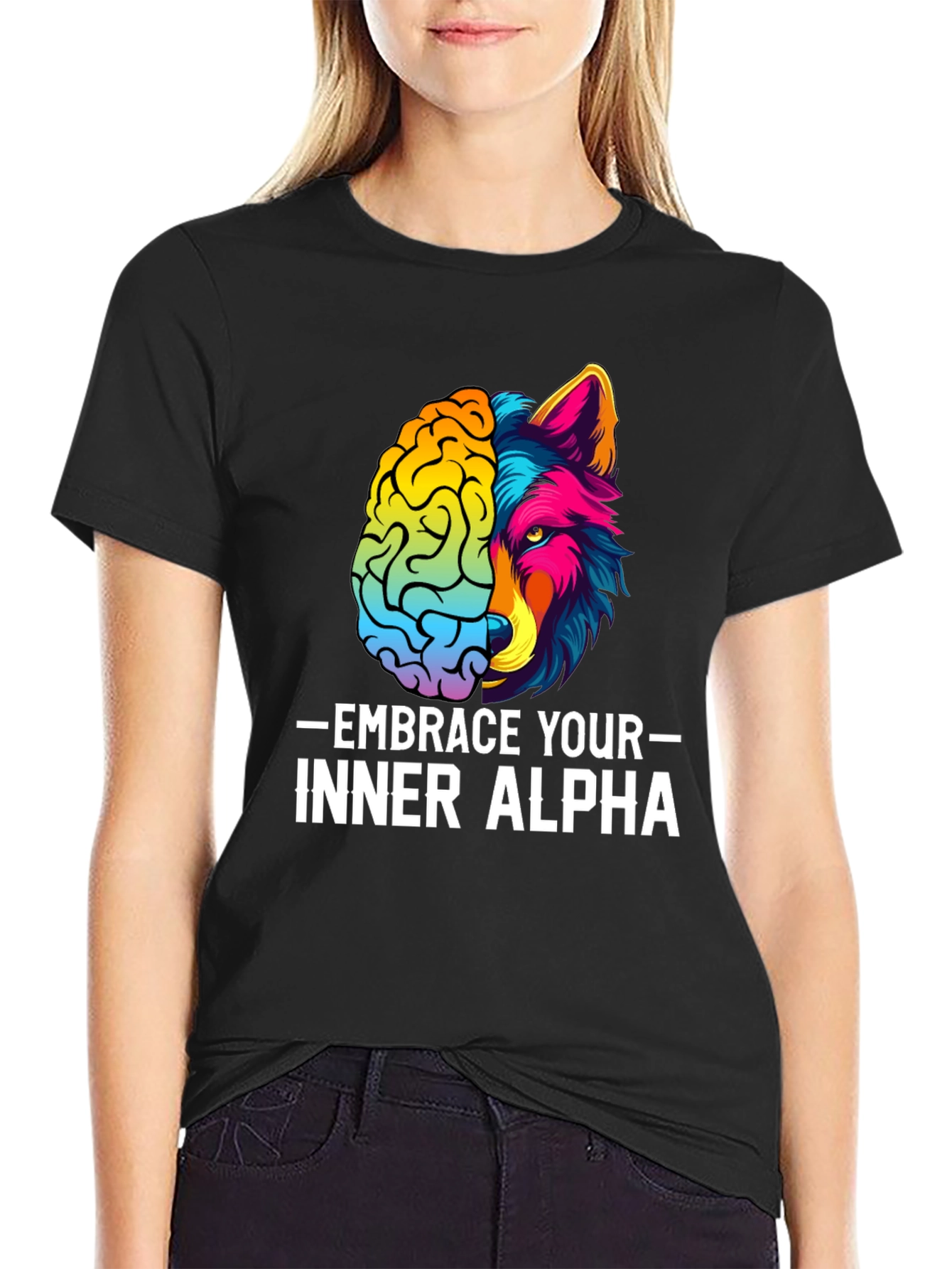 Black Embrace Your Inner Alpha T-Shirt - Brain & Wolf Design view 2