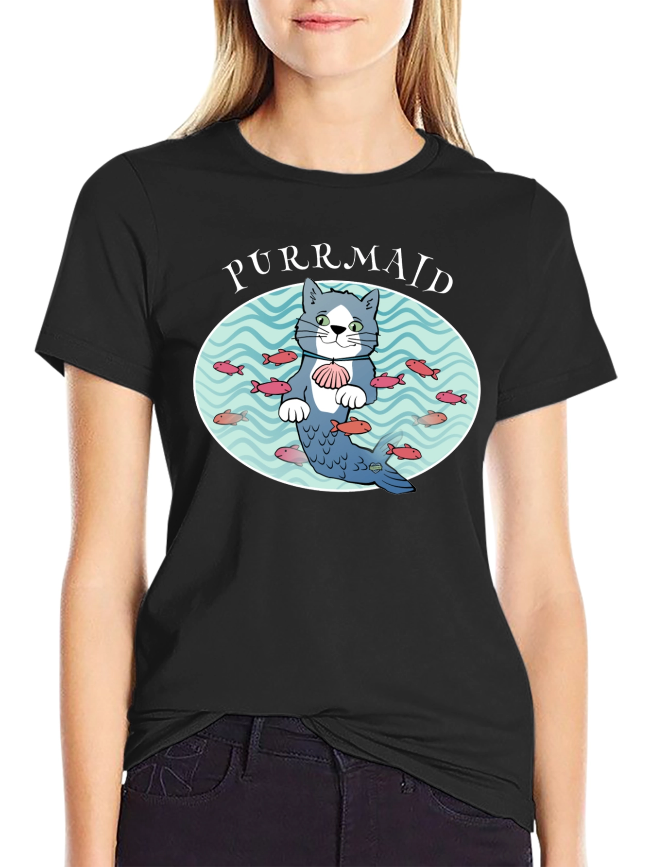 Black Purrmaid Cat Graphic T-Shirt - Unisex Cotton Tee view 2