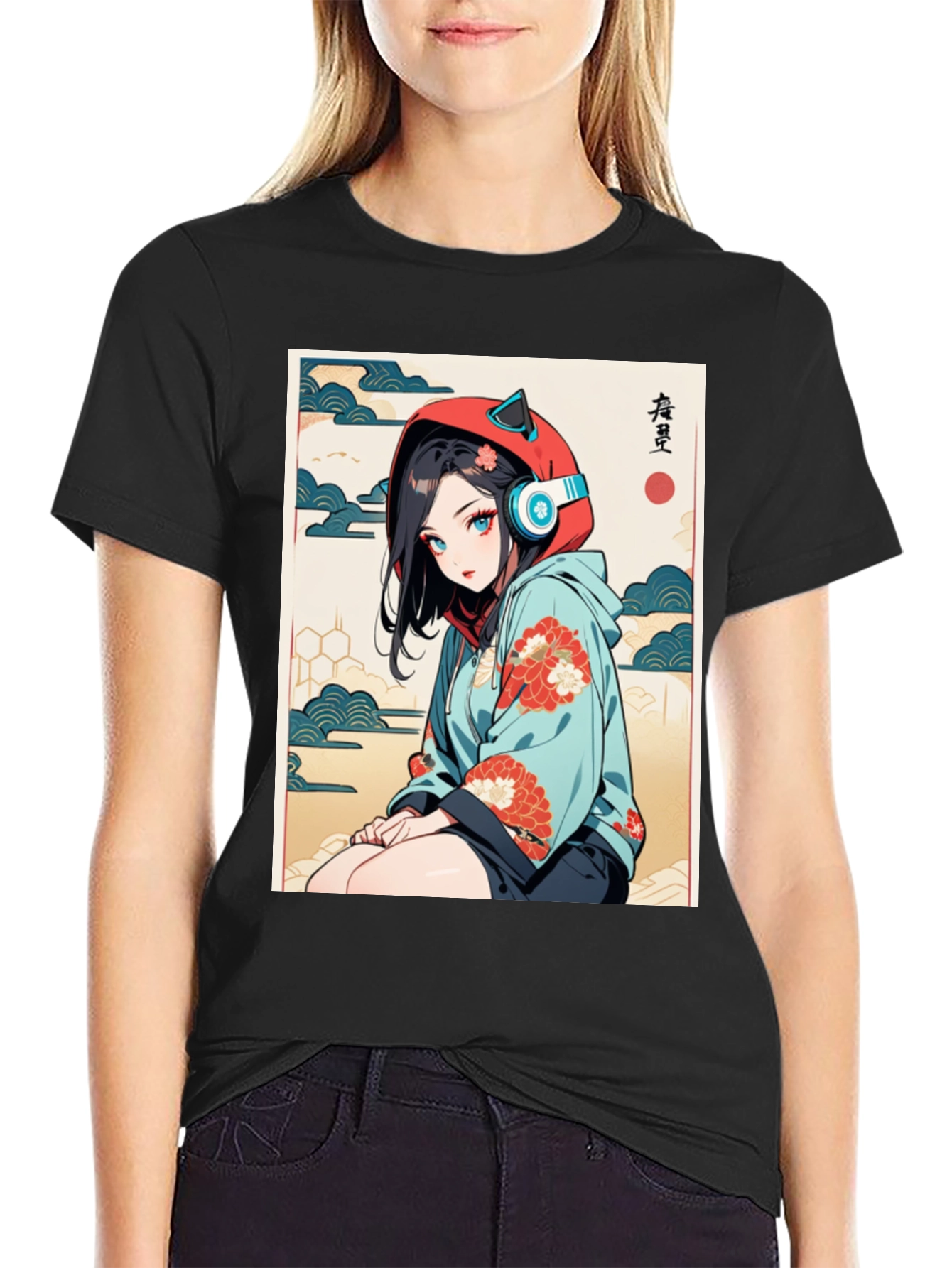 Black Anime Girl Ukiyo-e Style Graphic Tee view 2
