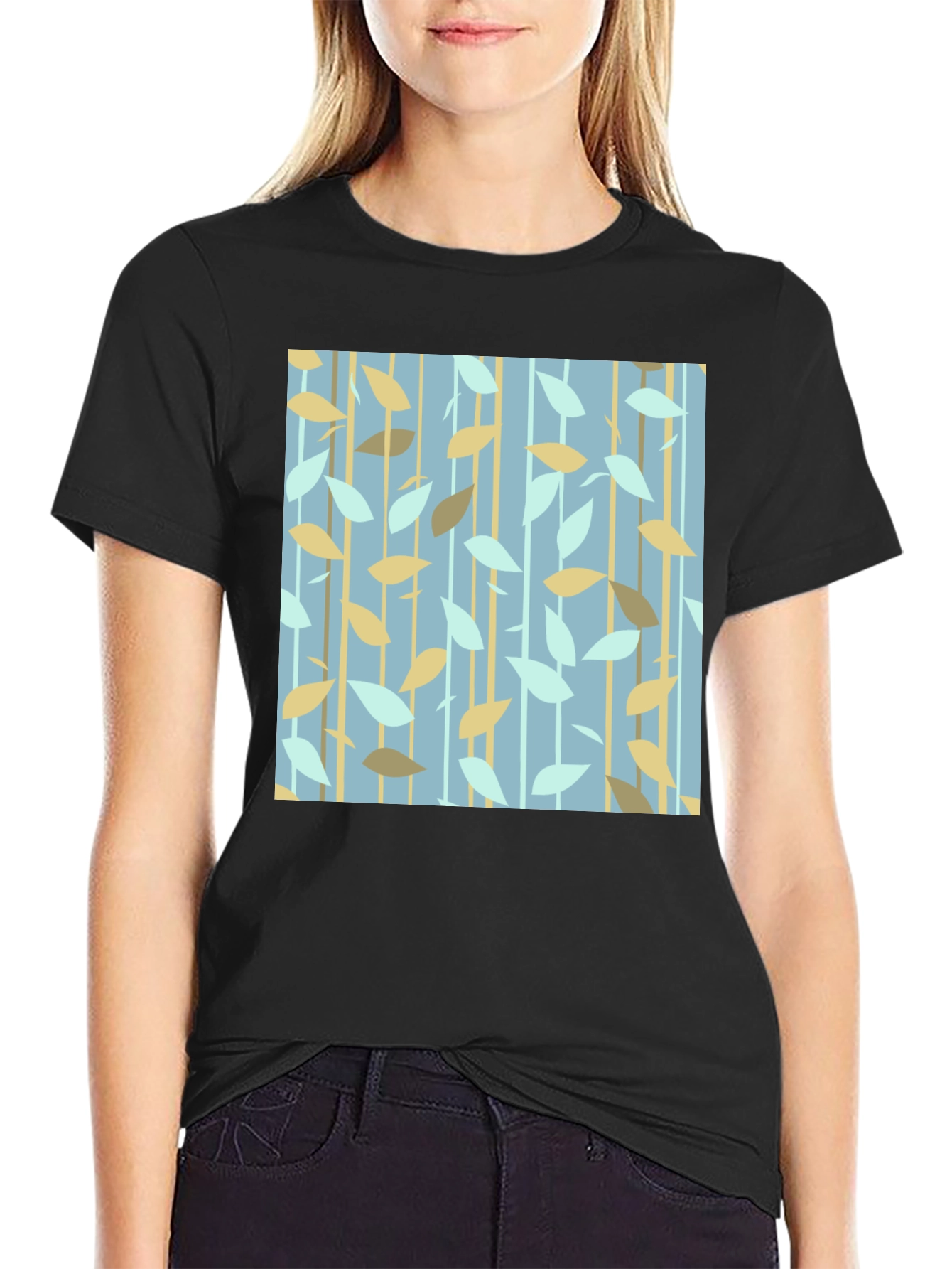 Black Abstract Leaf Print T-Shirt view 2