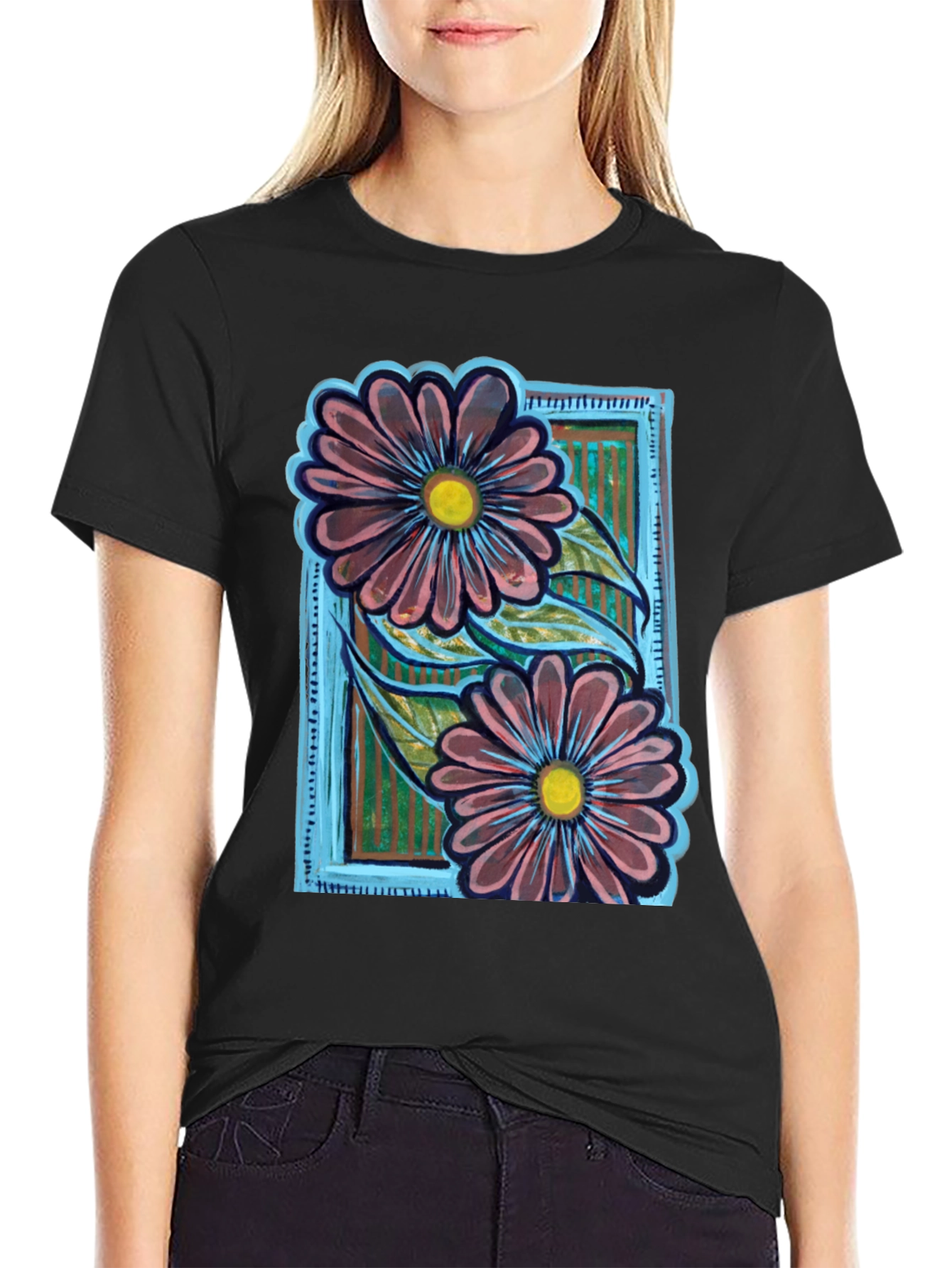 Black Floral Graphic Print T-Shirt view 2