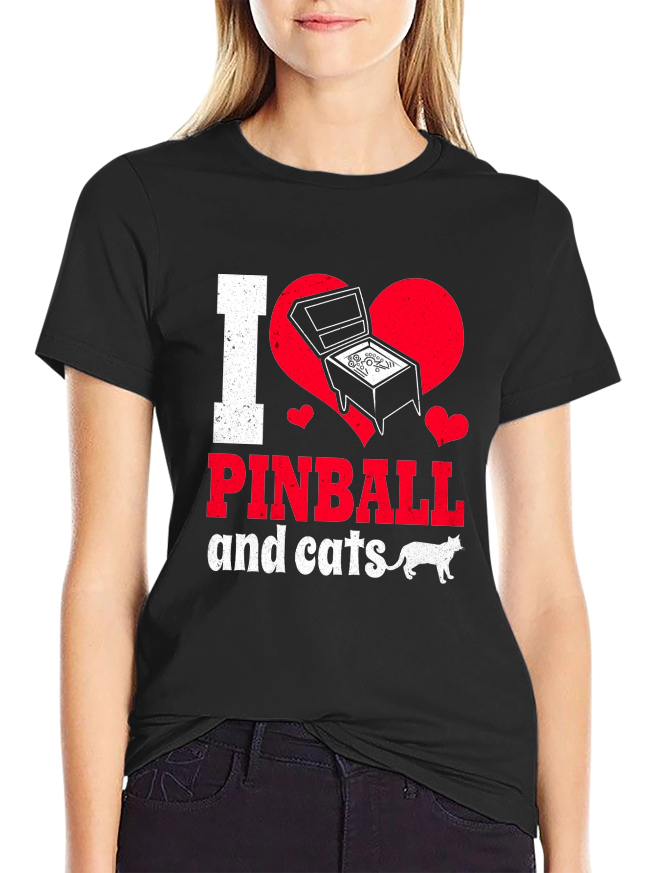 Black I Love Pinball and Cats Graphic T-Shirt view 2
