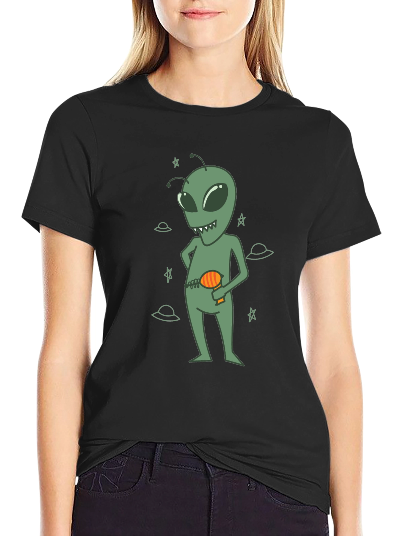 Black Alien Graphic Black T-Shirt for Casual Wear view 2