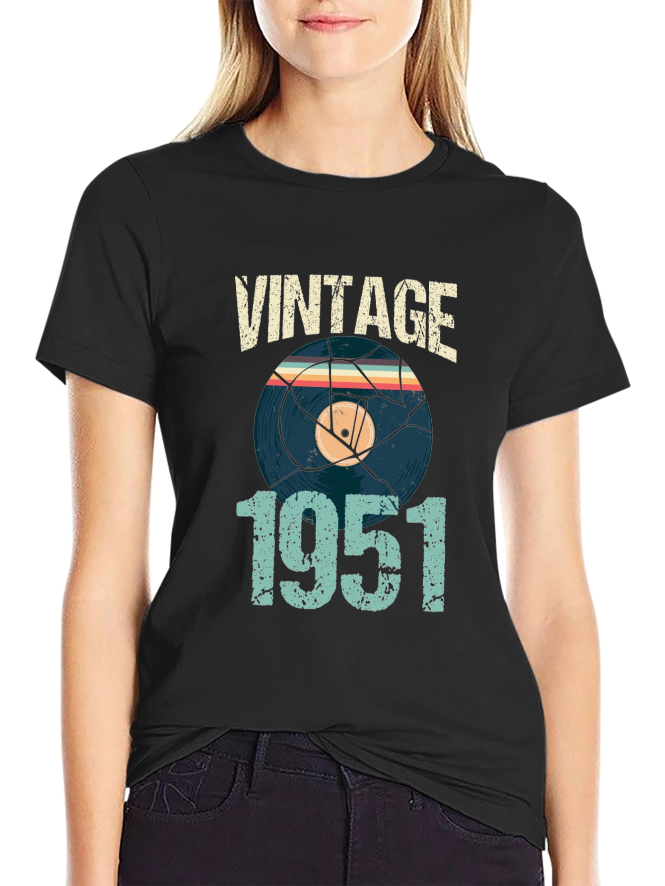 Black Vintage 1951 Vinyl Record Graphic T-Shirt view 2