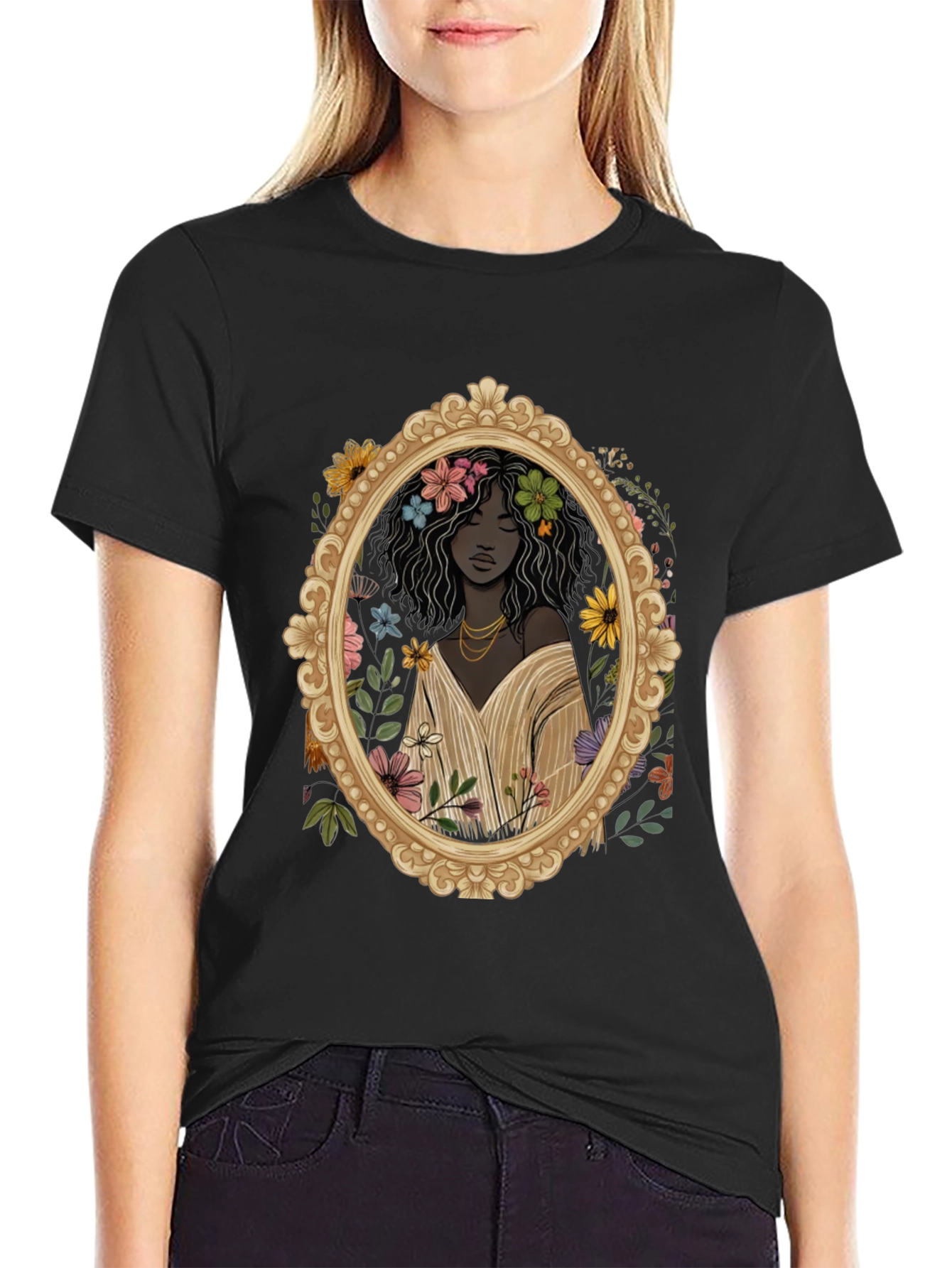 Black Floral Portrait Graphic Tee - Black Unisex T-Shirt view 2