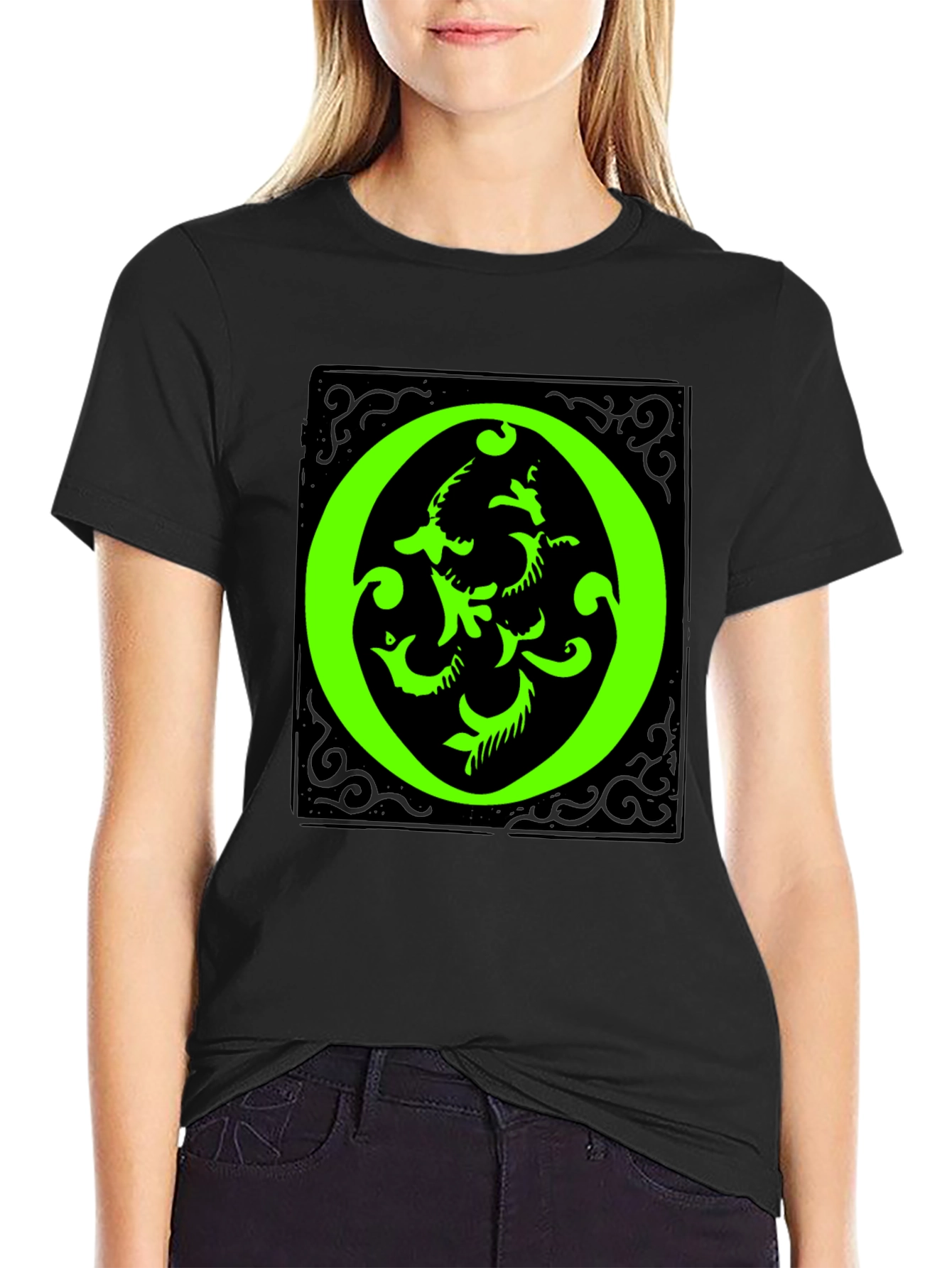 Black Abstract Green "O" Graphic Black T-Shirt view 2