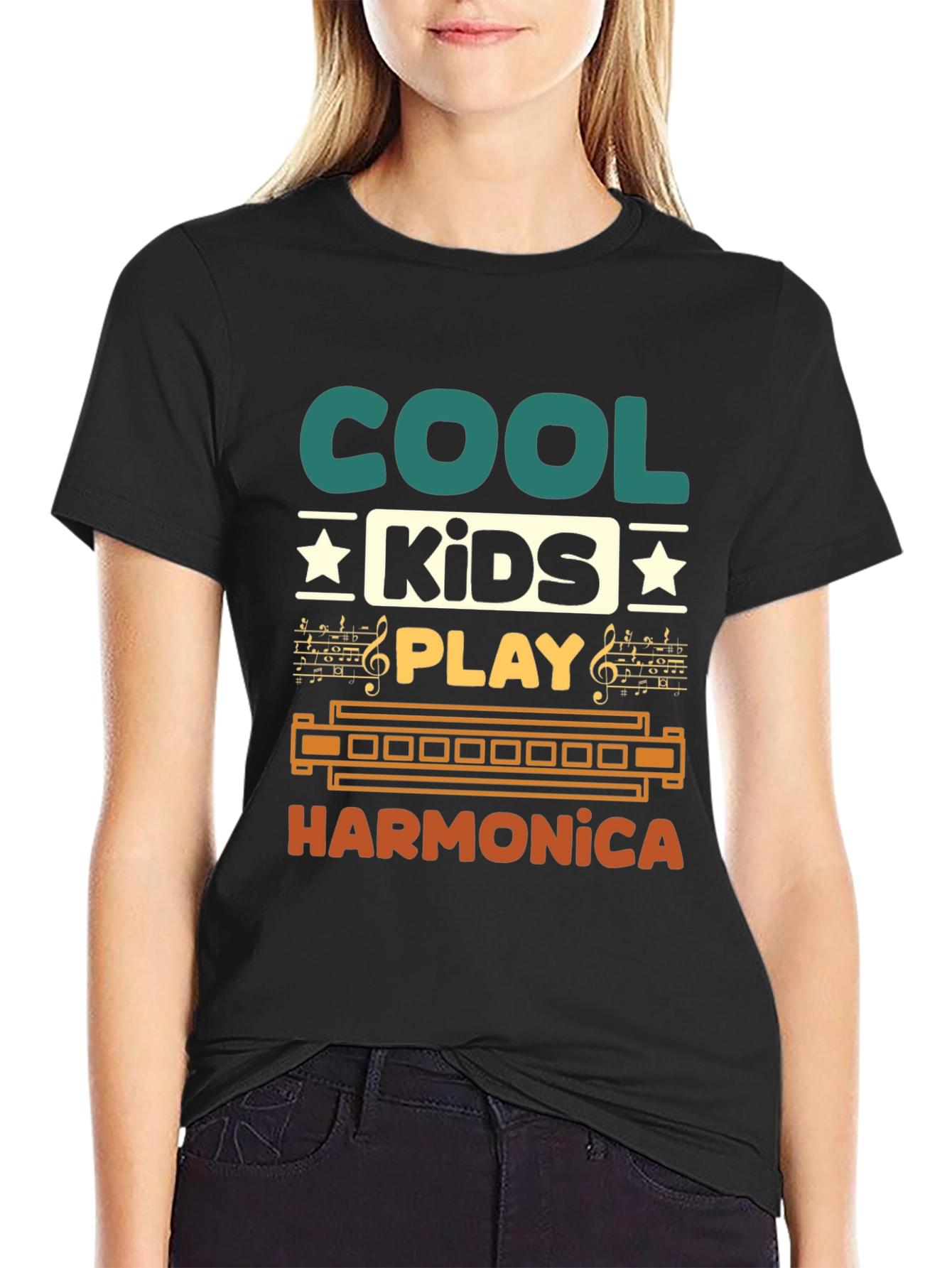 Black Cool Kids Harmonica Graphic T-Shirt view 2