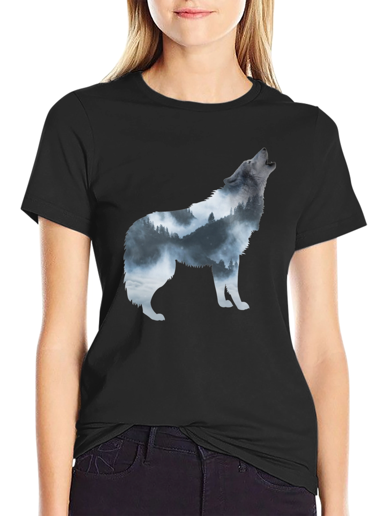 Black Wolf Silhouette Graphic Print Tee view 2