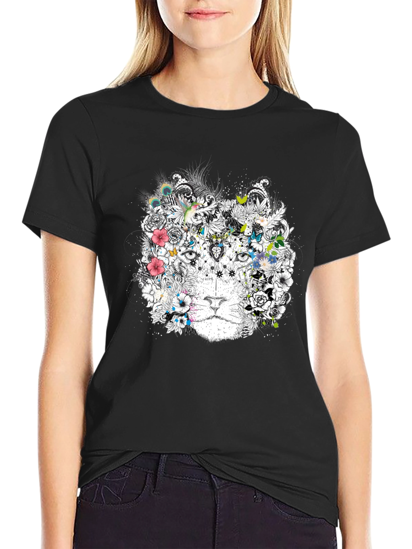 Black Floral Lion Graphic Black T-Shirt view 2