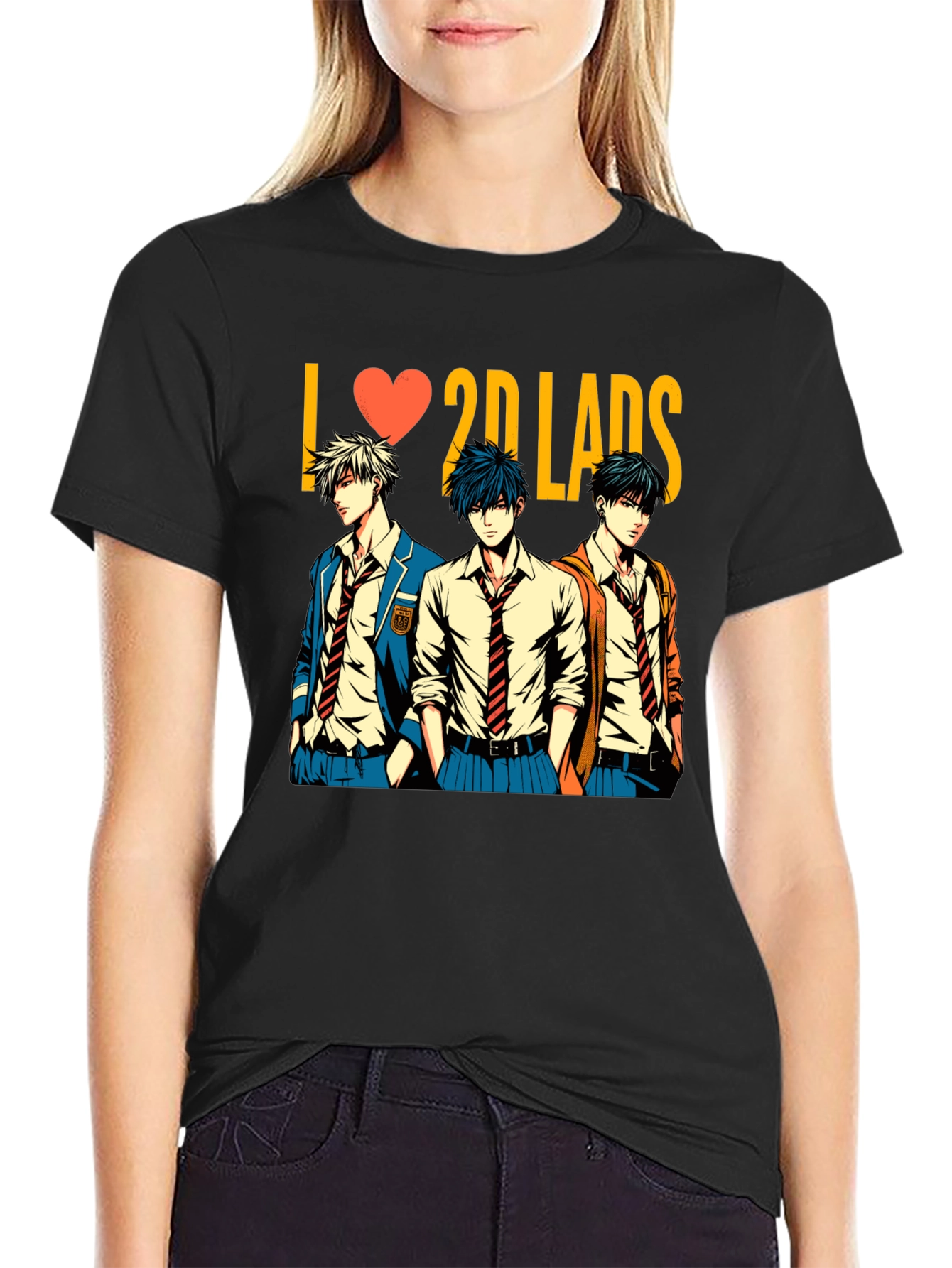 Black I Love 2D Lads Anime Graphic Tee - Black view 2