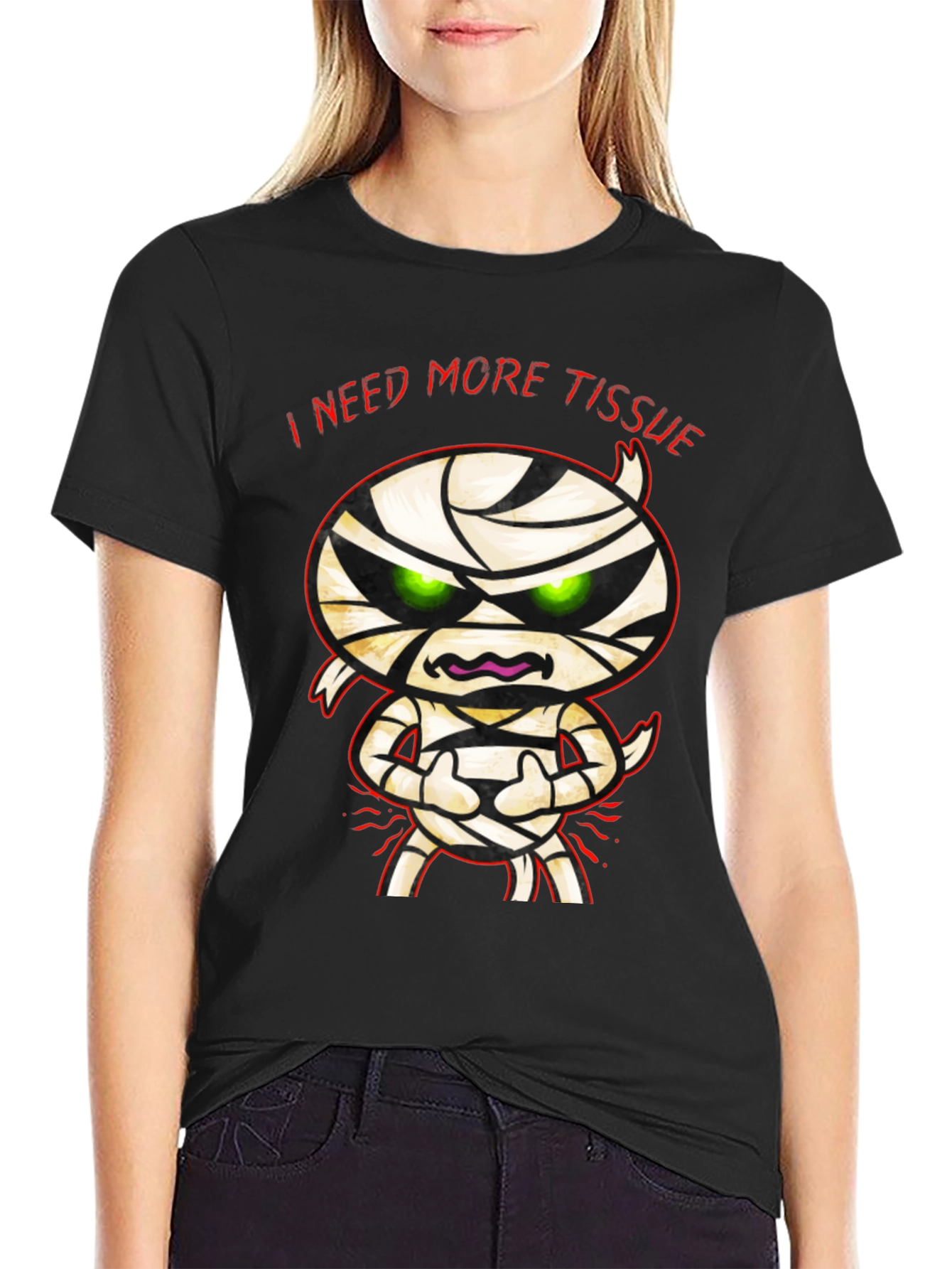 Black I Need More Tissue Mummy T-Shirt - Funny Halloween Tee view 2