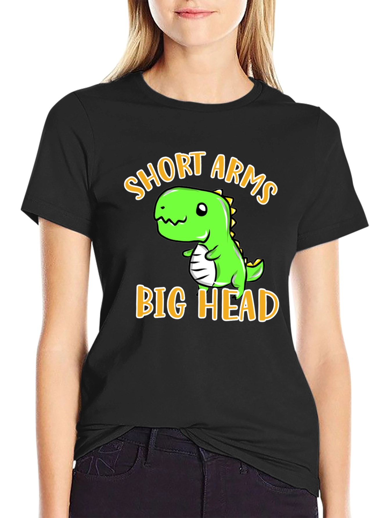 Black Short Arms Big Head T-Shirt - Funny Dino Tee view 2