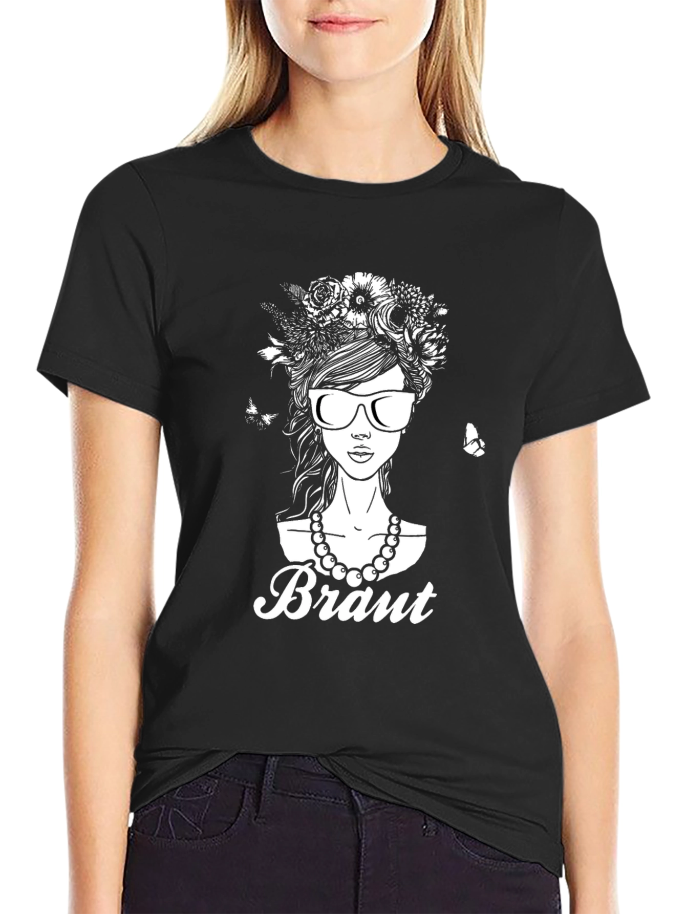 Black Bride T-Shirt - Floral Headdress & Sunglasses view 2