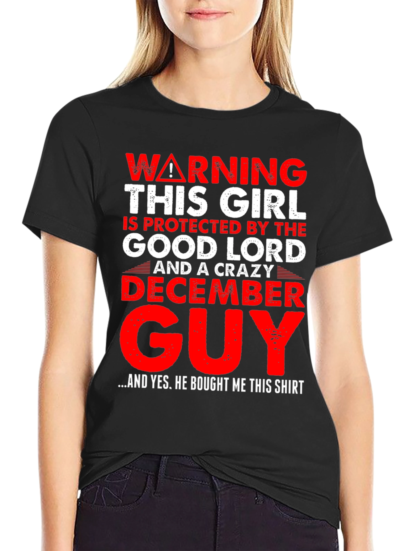 Black Warning Protected by Good Lord & Crazy December Guy T-Shirt view 2