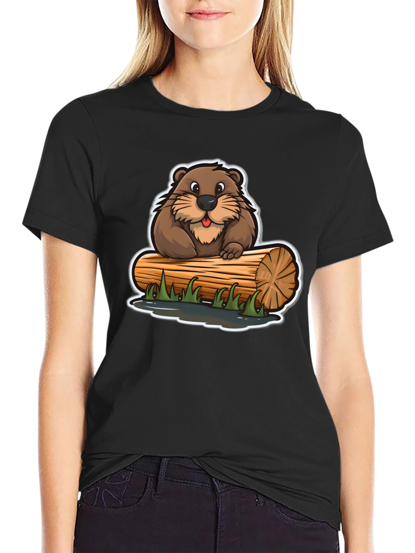 Black Cartoon Beaver on Log T-Shirt view 2