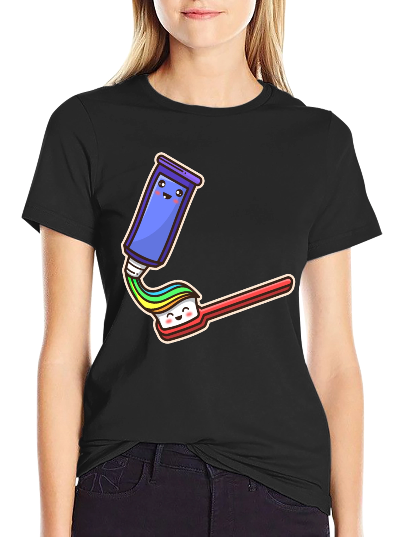 Black Cute Cartoon Toothpaste & Brush Black Tee view 2