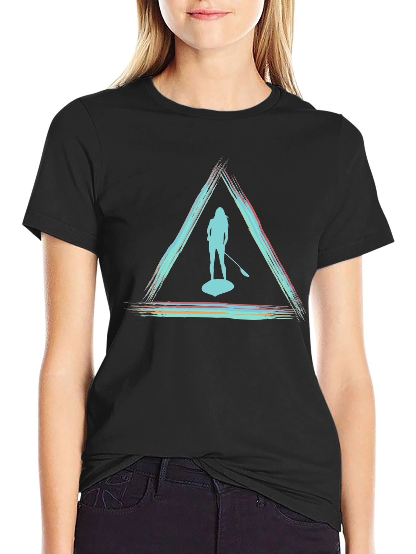 Black Paddleboarder Triangle Graphic Tee - Unisex Black T-Shirt view 2