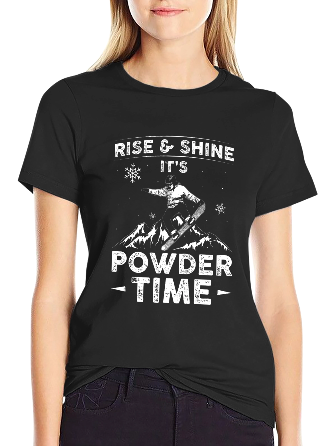 Black Rise & Shine Powder Time T-Shirt - Snowboard Design view 2
