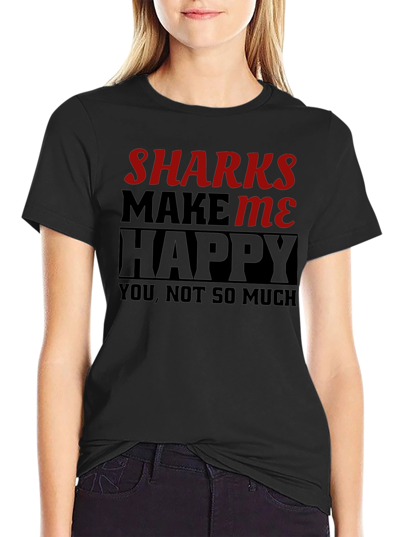 Black Sharks Make Me Happy T-Shirt Funny Graphic Tee view 2