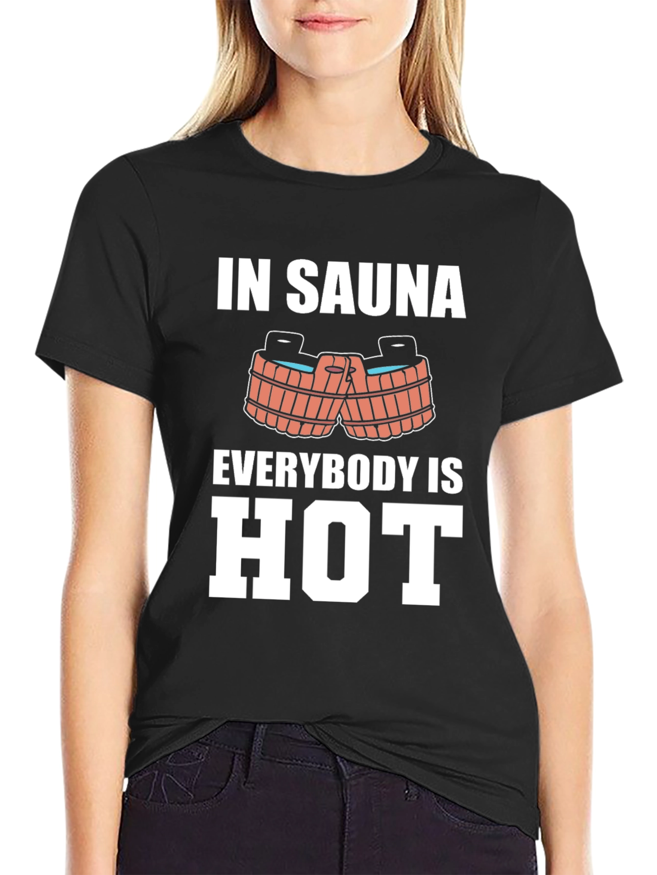 Black Sauna Humor Graphic Tee - In Sauna Everybody is Hot! view 2