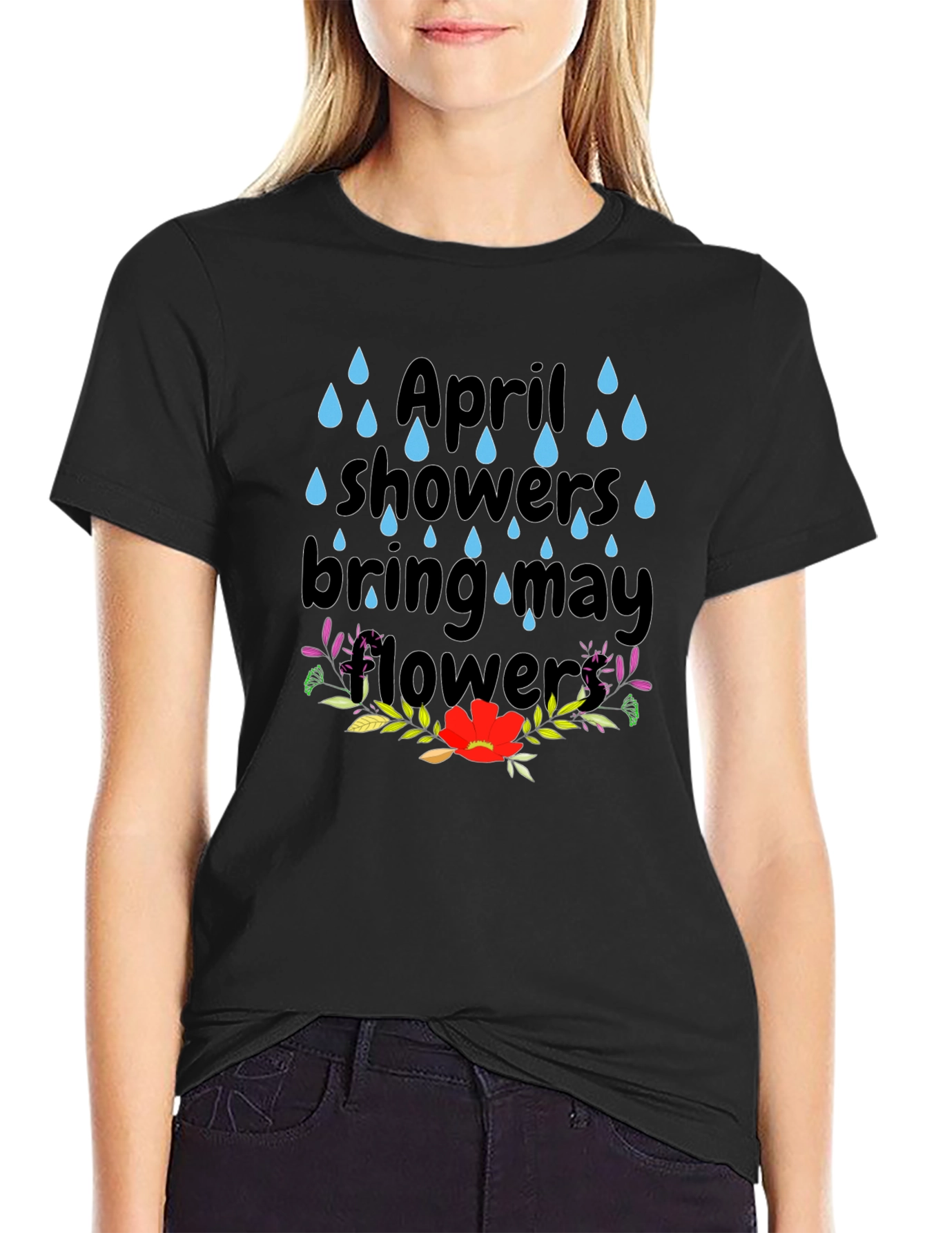 Black April Showers T-Shirt - Spring Flowers Tee view 2