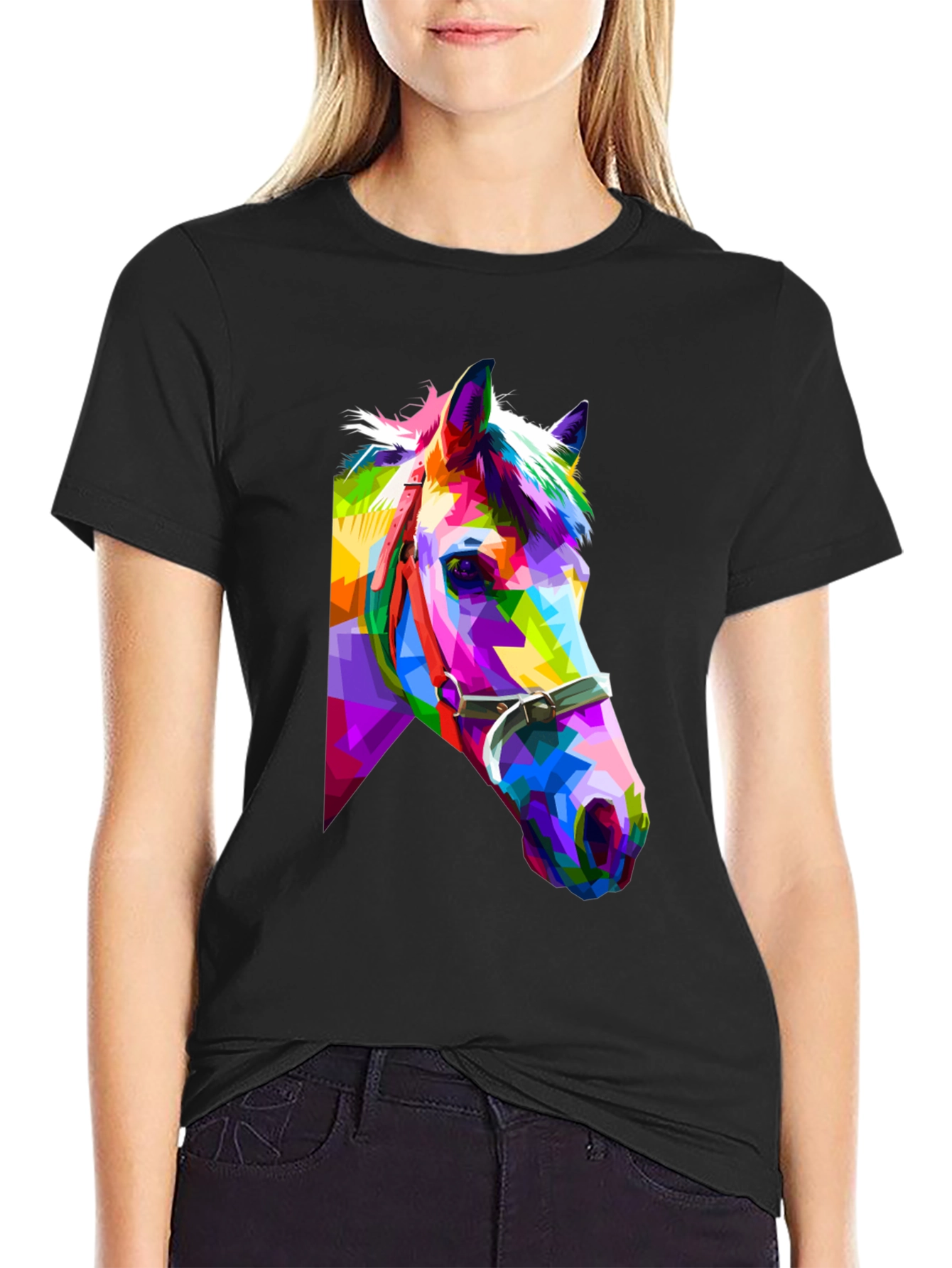 Black Geometric Horse Tee - Colorful Animal Art T-Shirt view 2