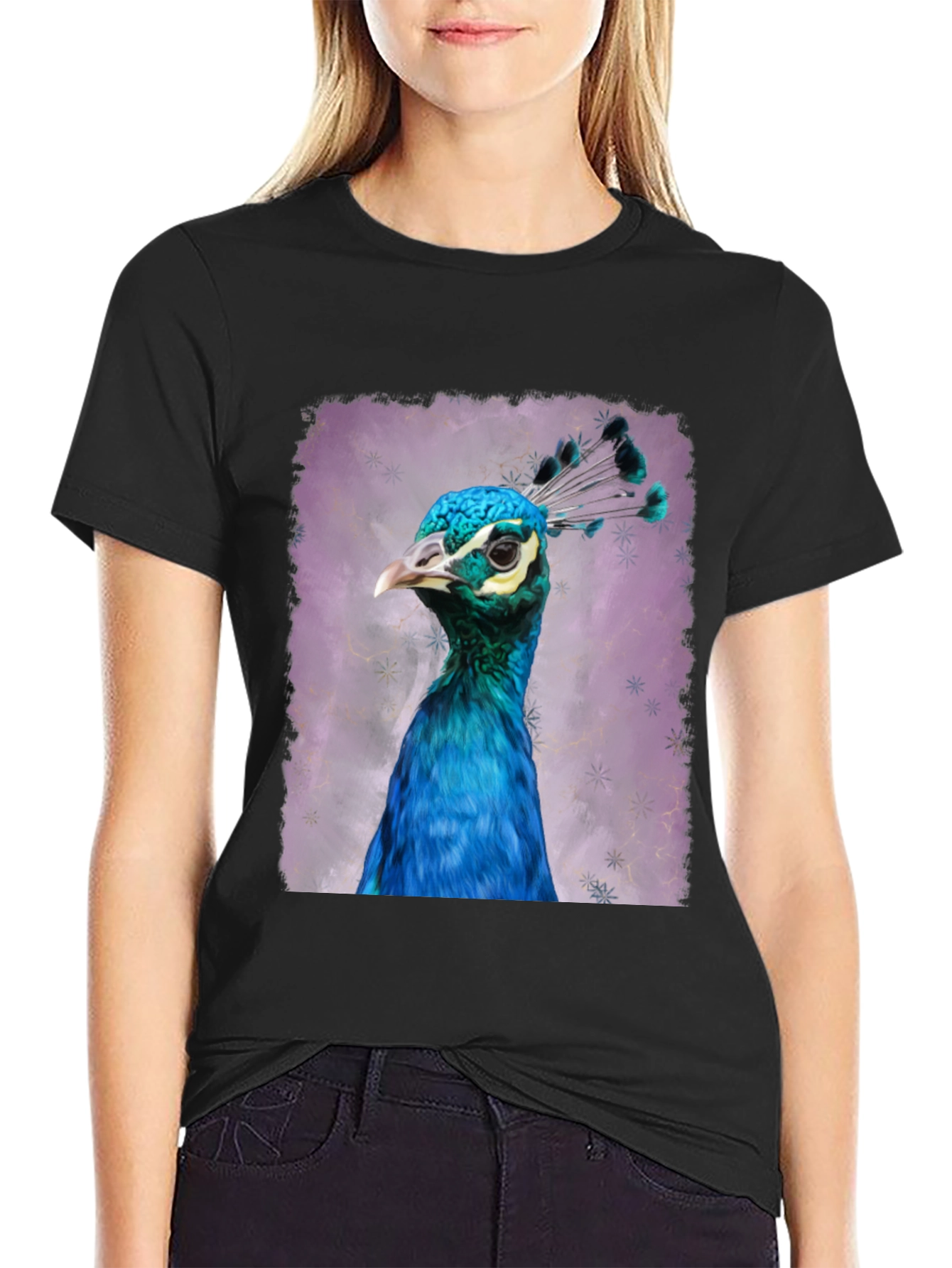 Black Peacock Portrait Graphic Tee - Black Cotton T-Shirt view 2
