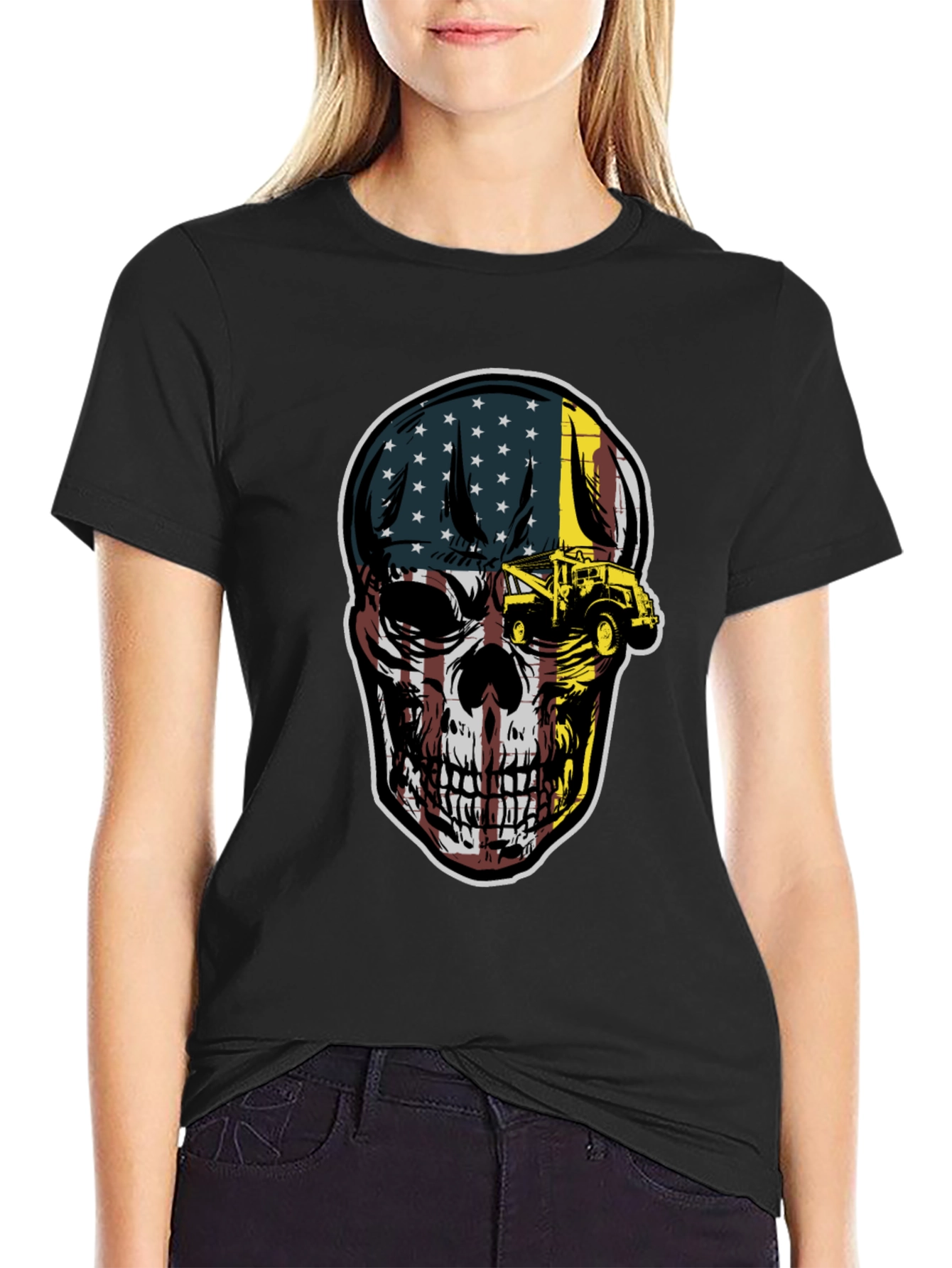 Black American Flag Skull Tow Truck T-Shirt view 2