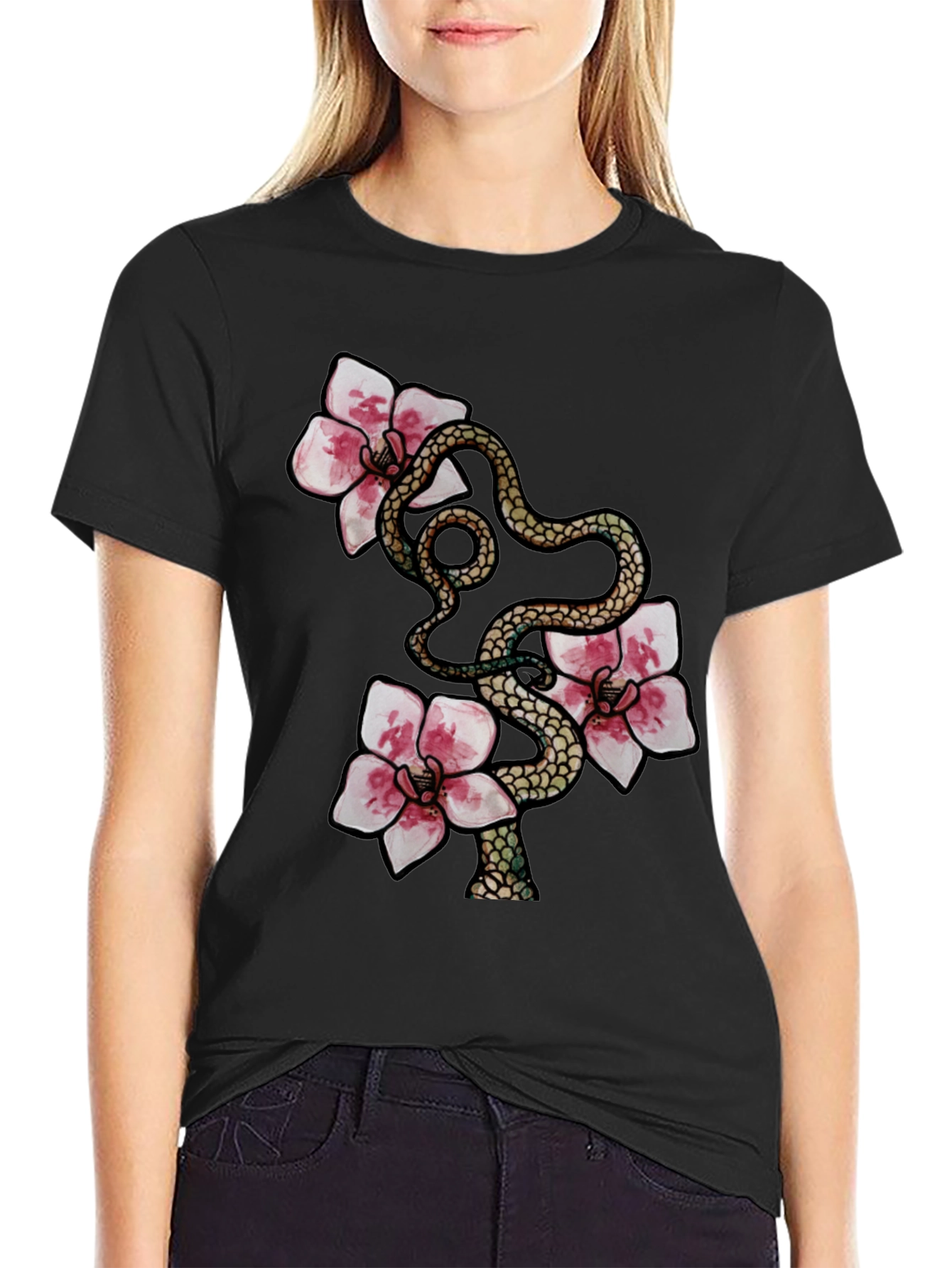 Black Snake & Flowers Graphic Tee view 2