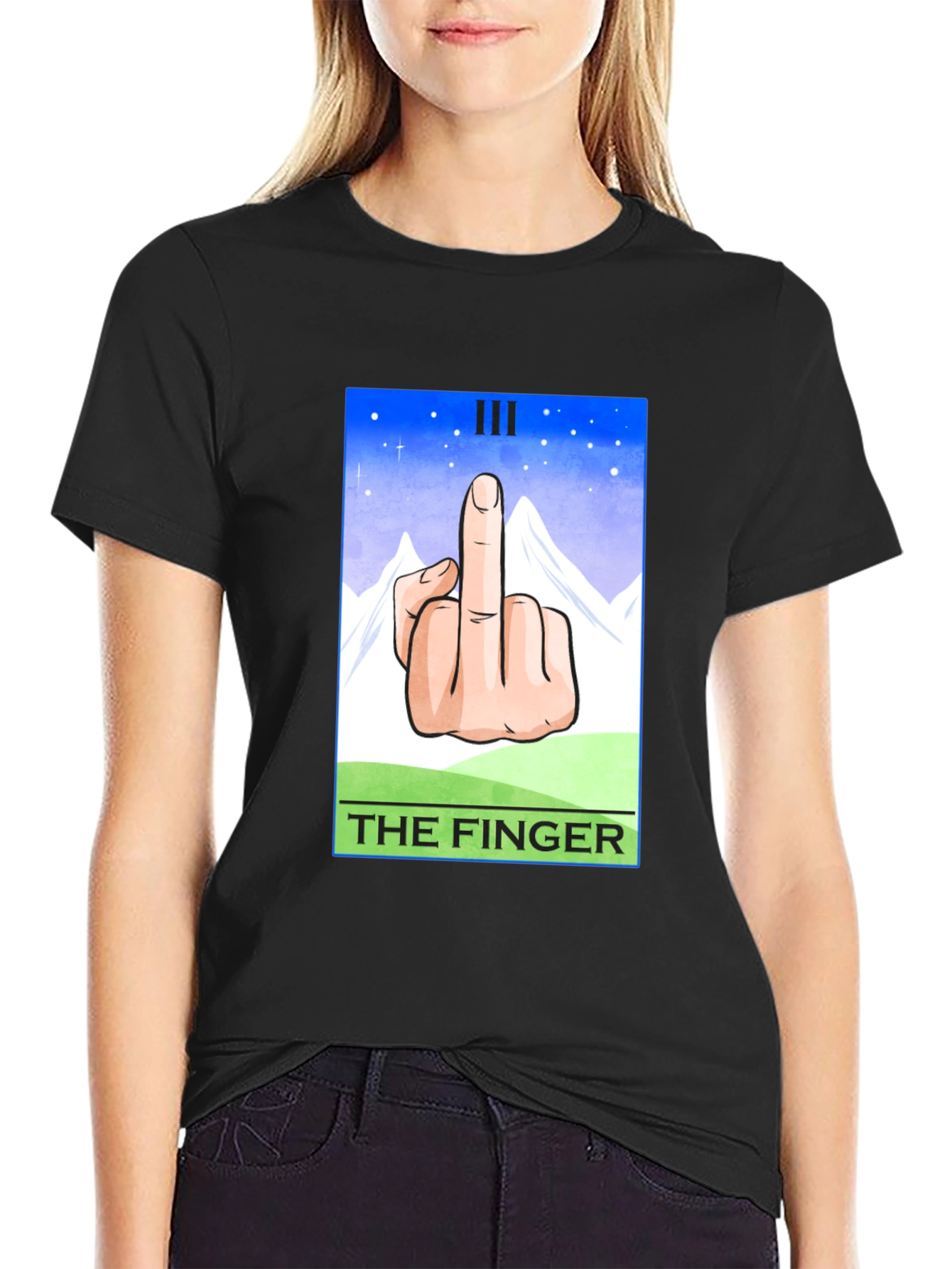 Black The Finger Tarot Card T-Shirt - Funny Graphic Tee view 2