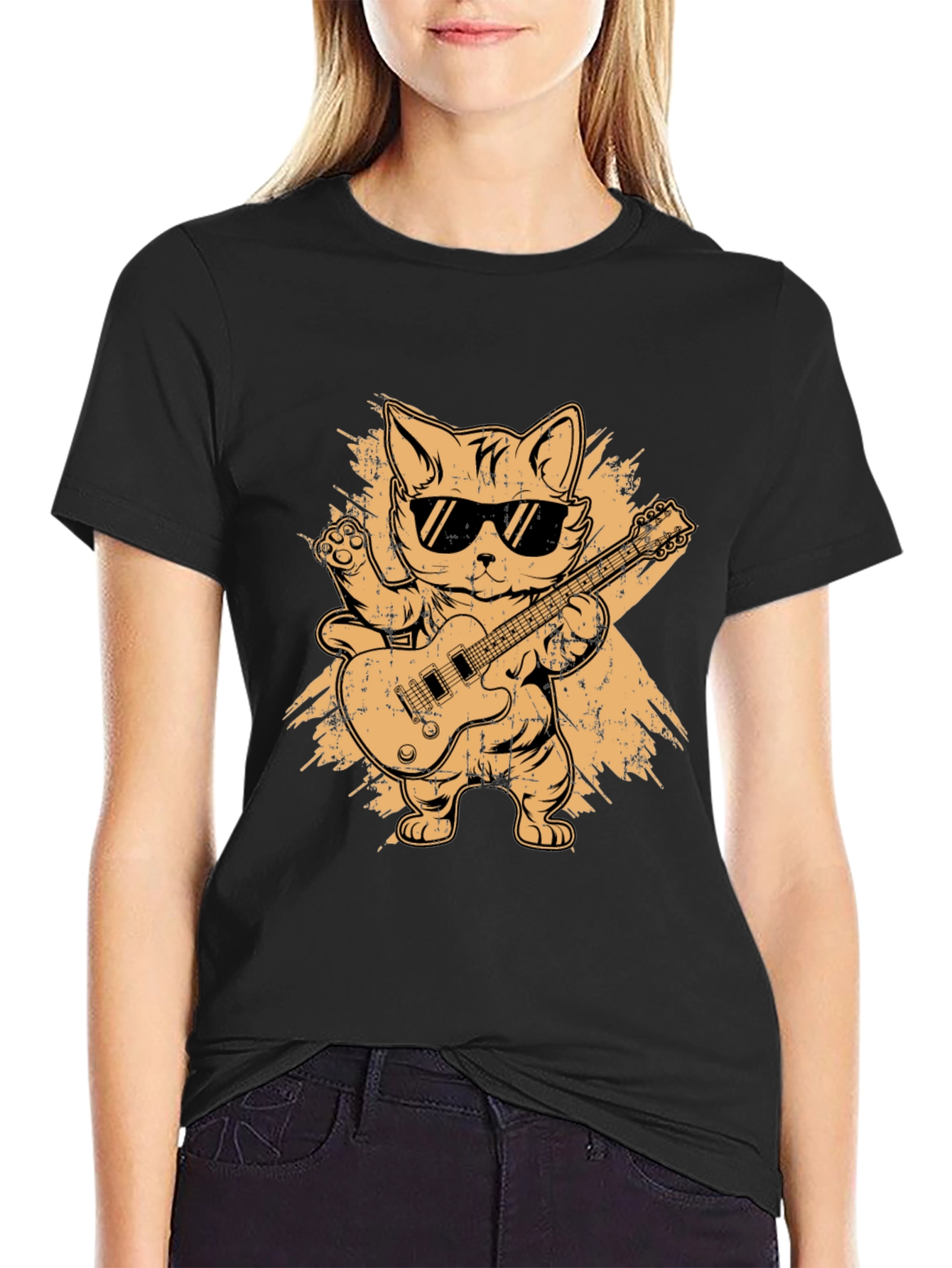 Black Cool Cat Guitarist Graphic T-Shirt view 2
