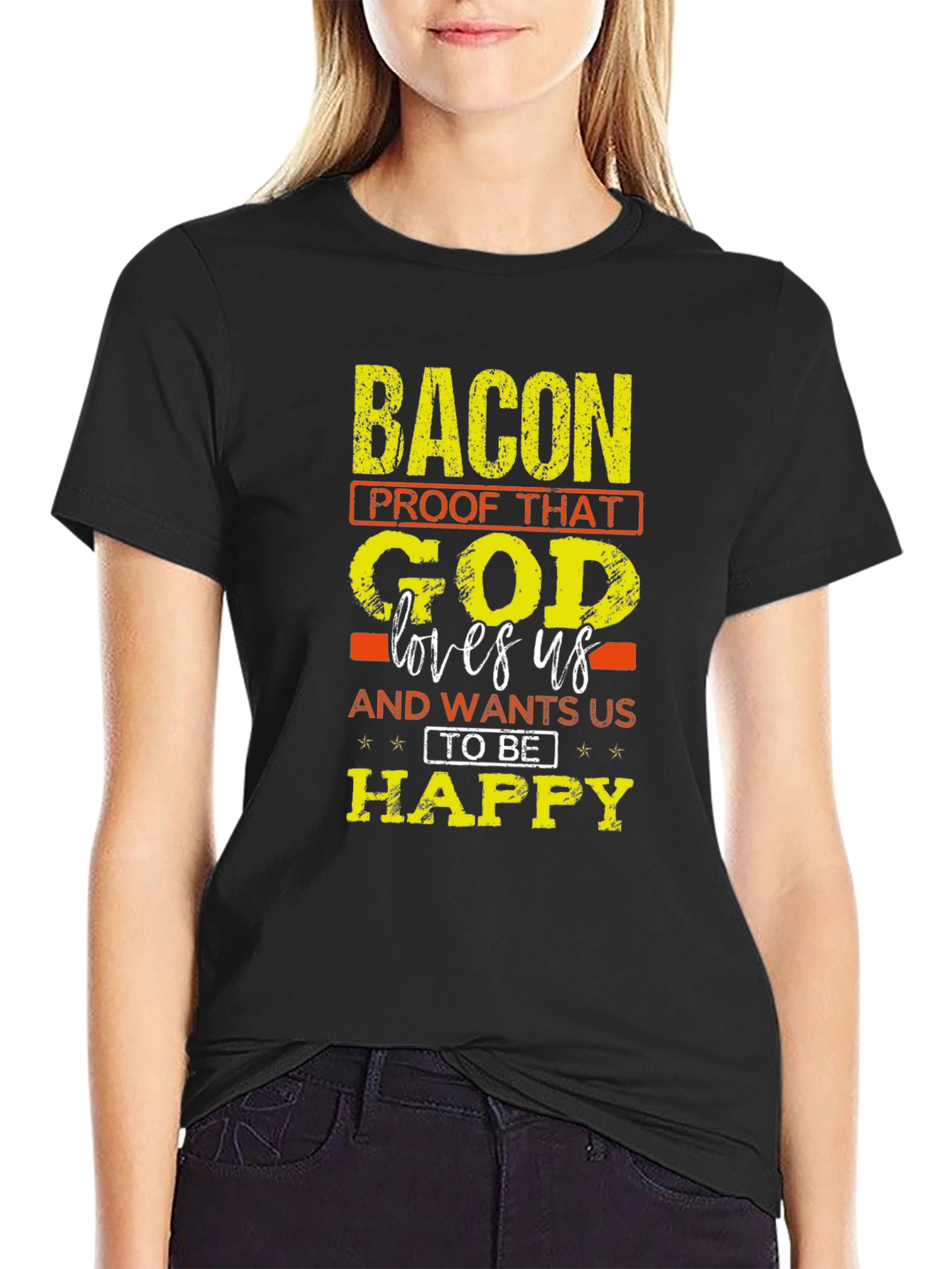 Black Bacon Lovers T-Shirt: God Wants Us Happy view 2