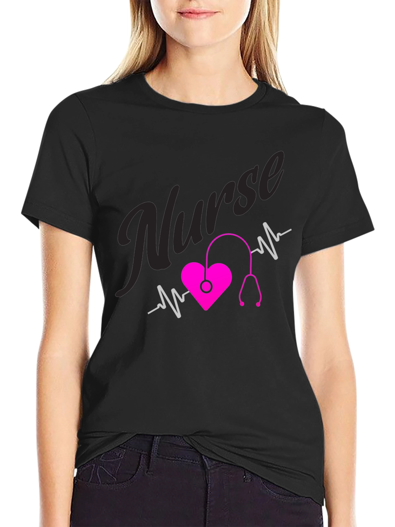 Black Nurse Heartbeat T-Shirt - Medical Professional Tee view 2