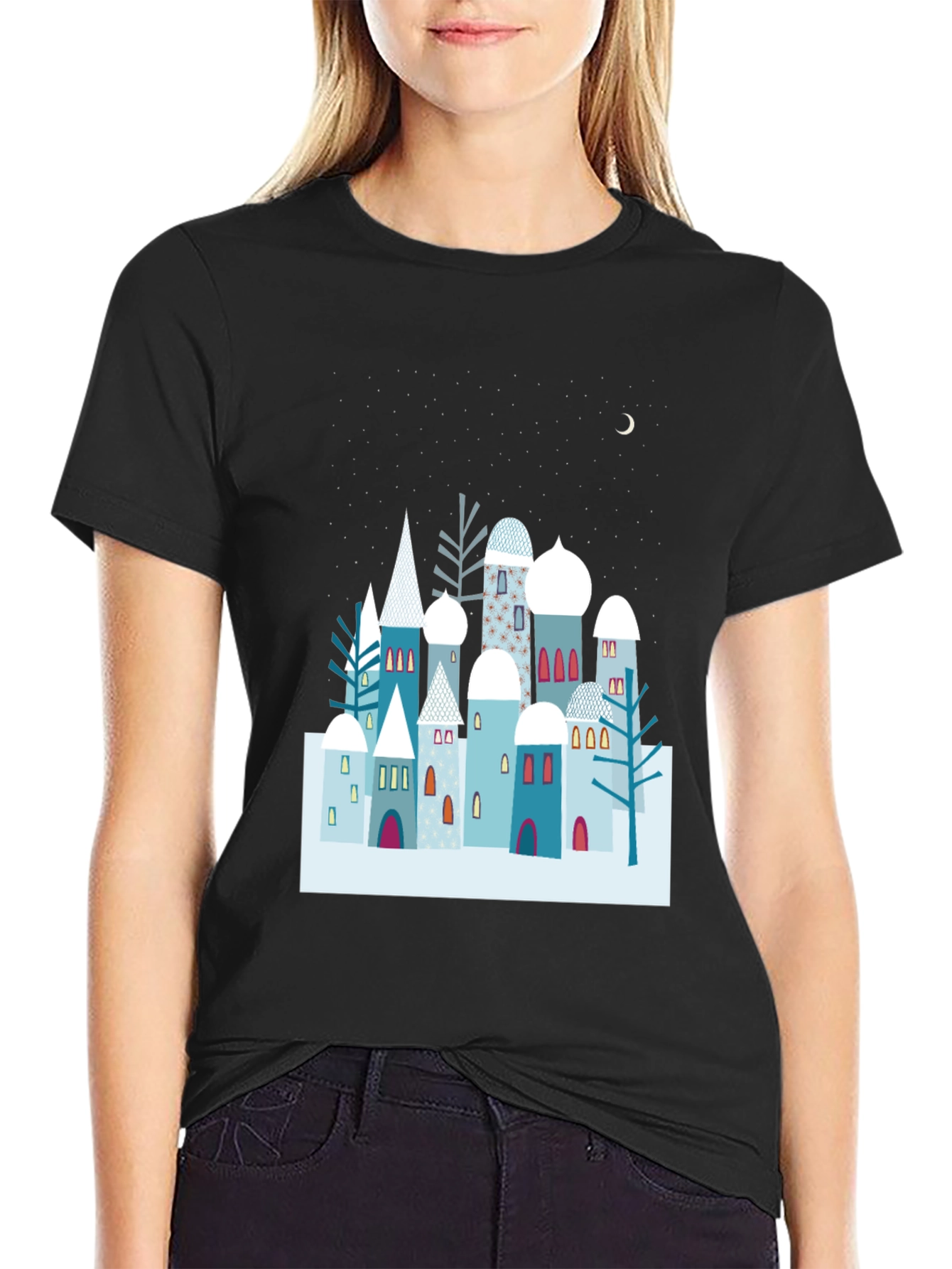 Black Winter Village Graphic Tee - Unique Design, Soft Cotton view 2