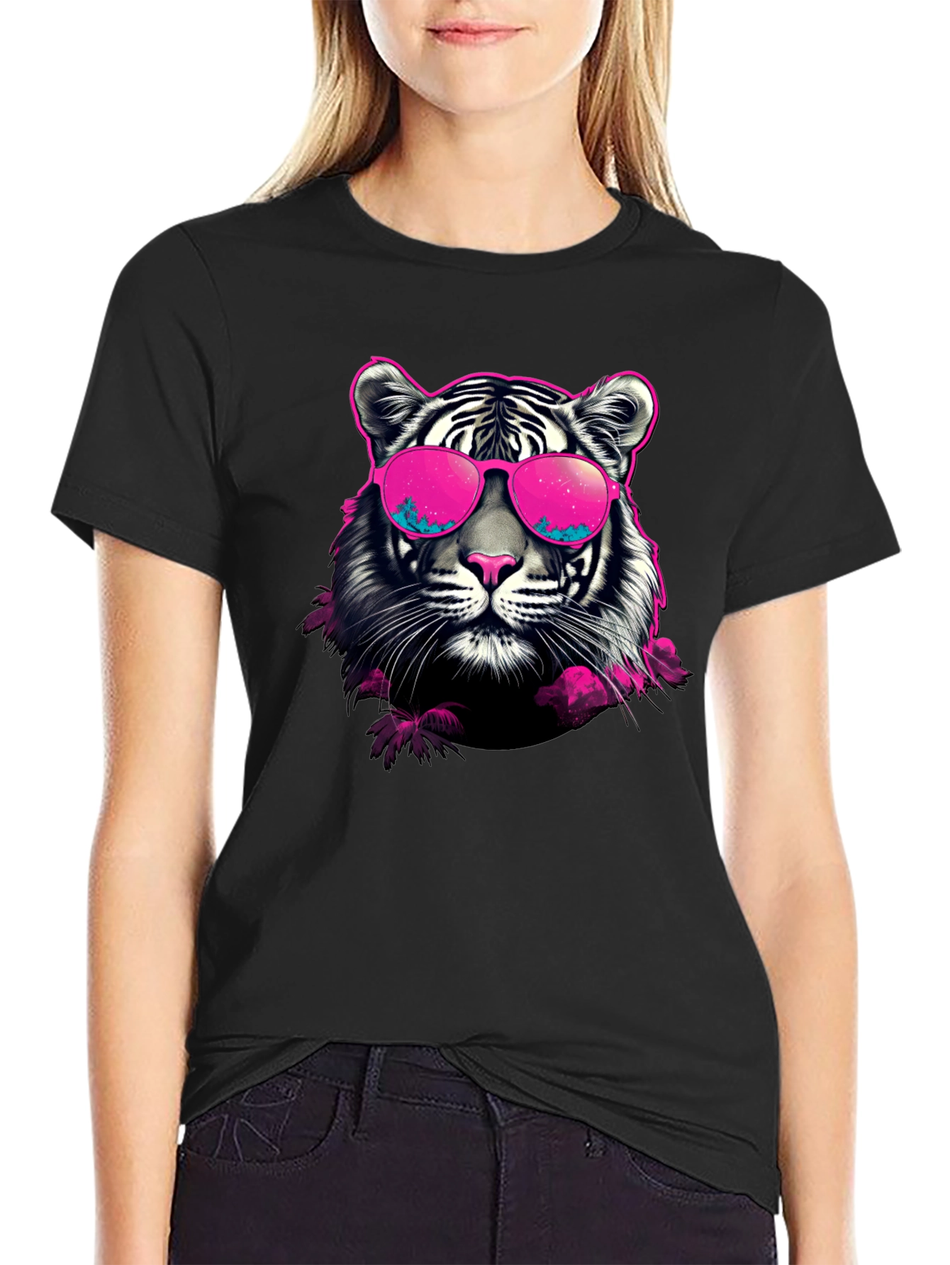 Black Cool Tiger Graphic Print Crew Neck T-Shirt view 2